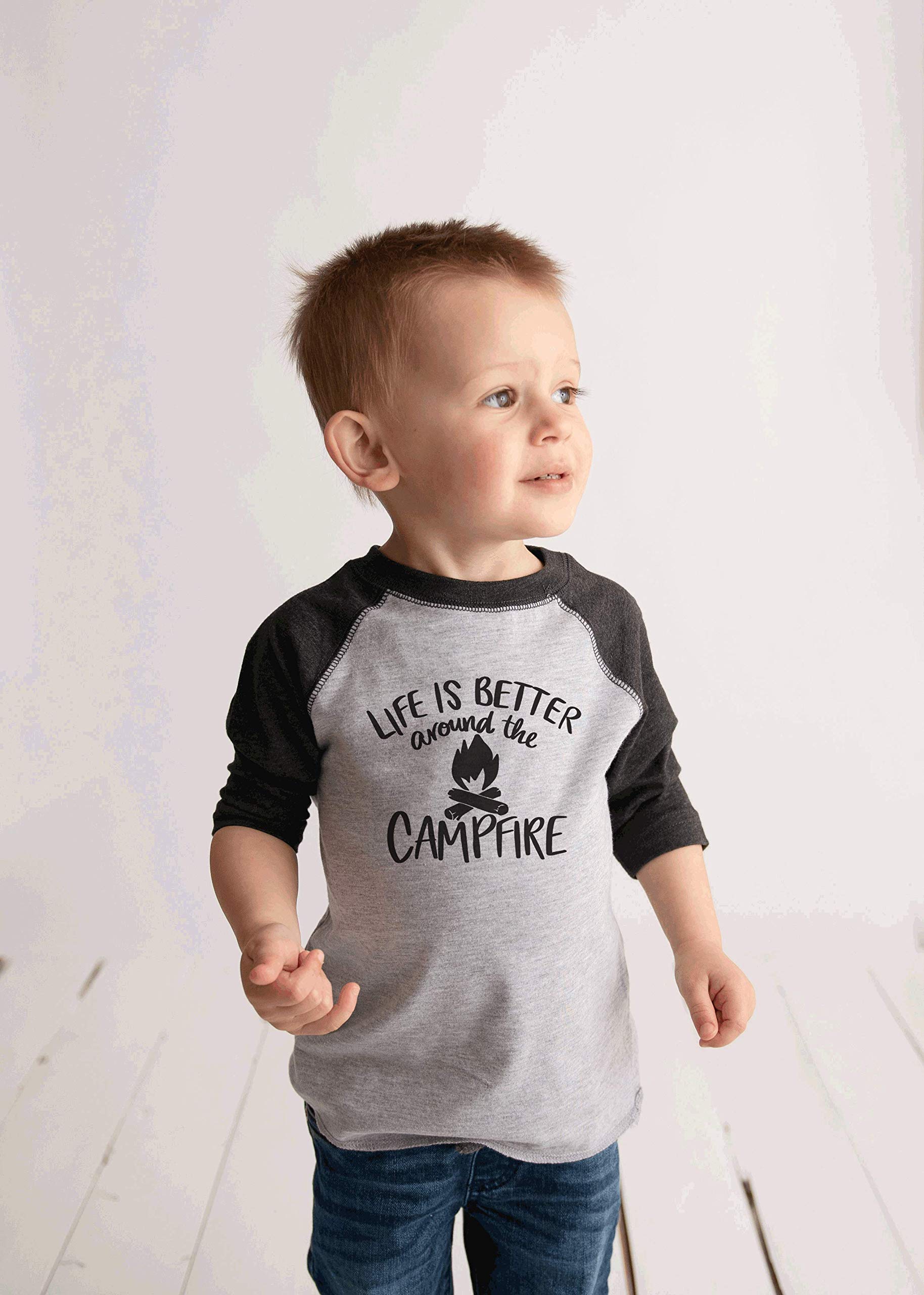 7 ate 9 Apparel Kids Camping T-Shirt - Soft Grey Cotton Tee for Outdoor Adventures, Hiking & Family Trips