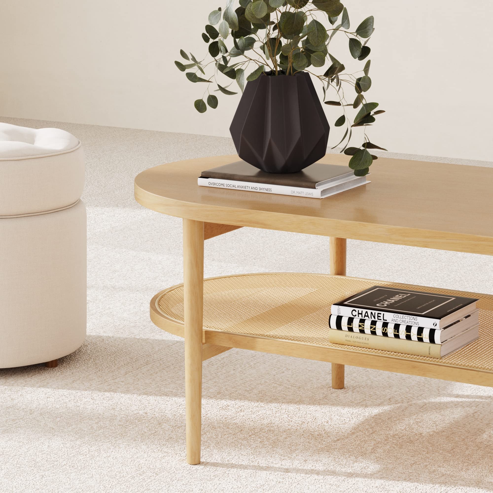 Nathan James Sonia Coffee Table with Storage Shelf - Light Wood & Rattan Design - Modern Living Room Furniture for Small Spaces, Home Decor & Storage Solutions