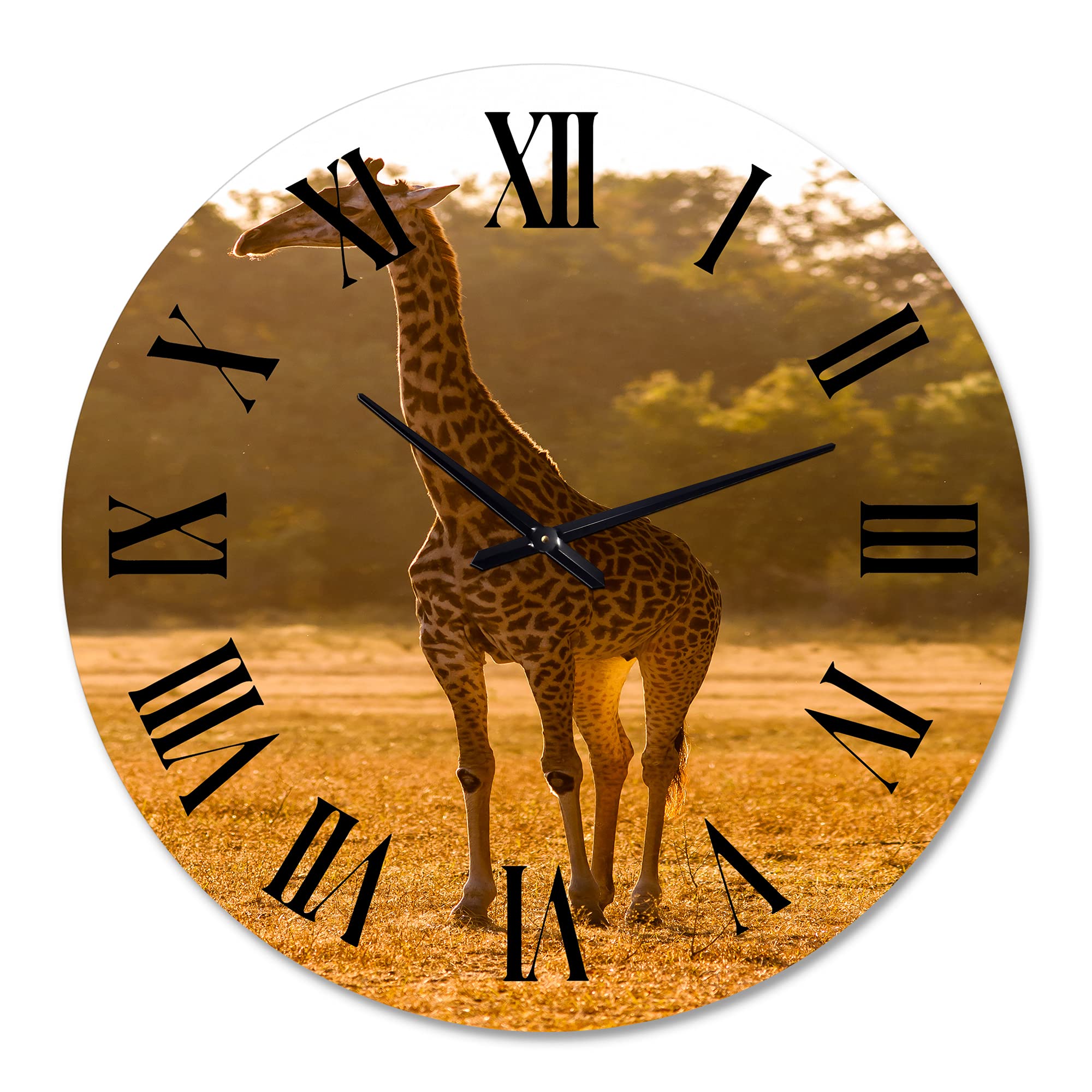 DesignQ Farmhouse Wall Clock 'African Giraffe in The Wild II' - Large Animal Wall Decor for Living Room, Kitchen, Bedroom - Rustic Home & Office Decoration