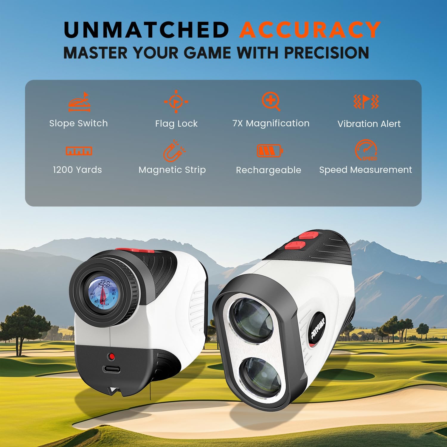 Premium Golf Rangefinder with Slope - 1200 Yards Laser Distance Finder, 7X Magnification & Flag Lock Vibration | Rechargeable Golf Accessory with Magnetic Stripe & Continuous Scan Mode for High-Precision Measurements | Perfect for Tournament Play & Course Practice