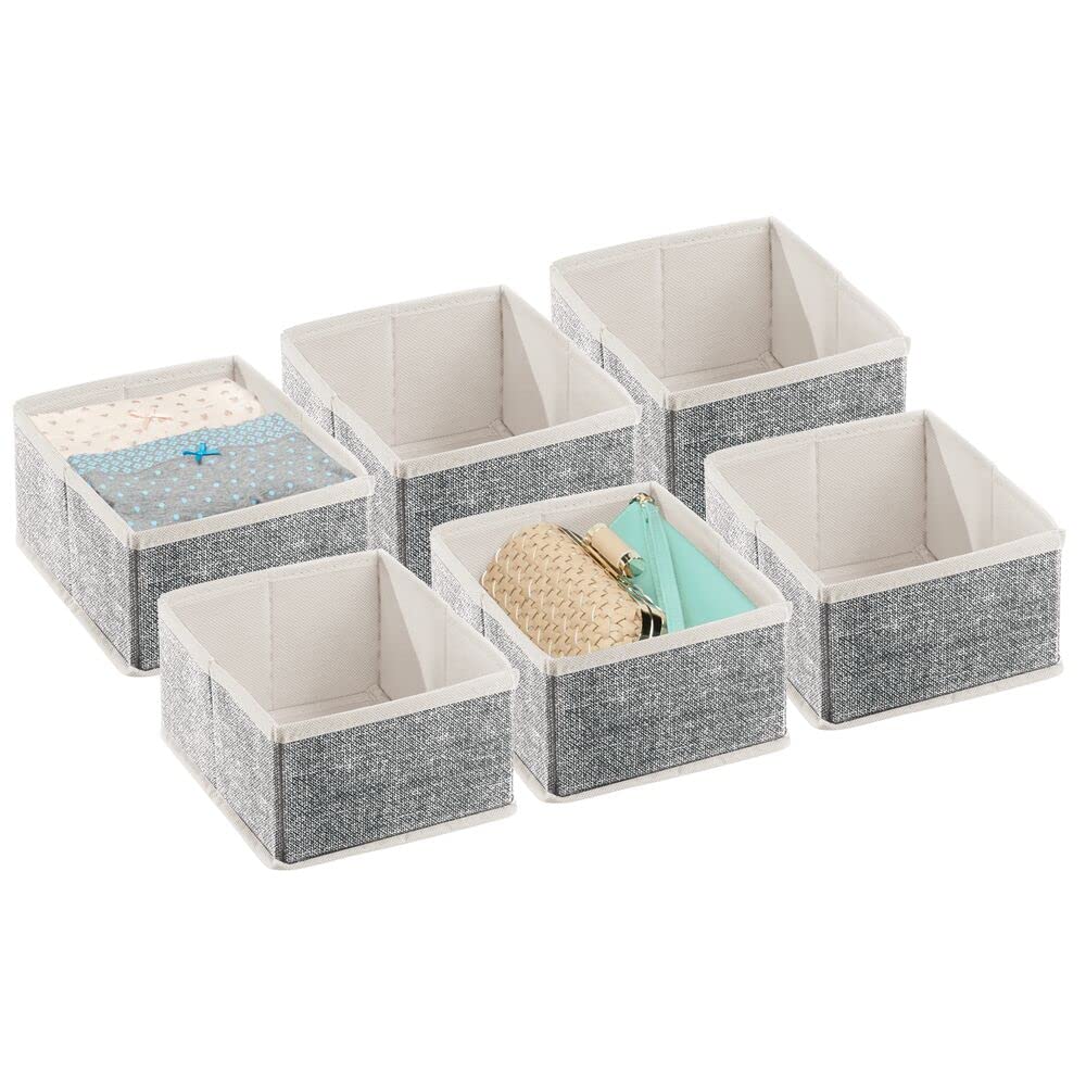 mDesign Rectangular Fabric Dresser Drawer Organizer - 6 Pack Soft Storage Bins for Lingerie, Bras, Socks & Clothes - Black/Cream Textured Print | Closet, Bedroom & Nursery Organization Solution