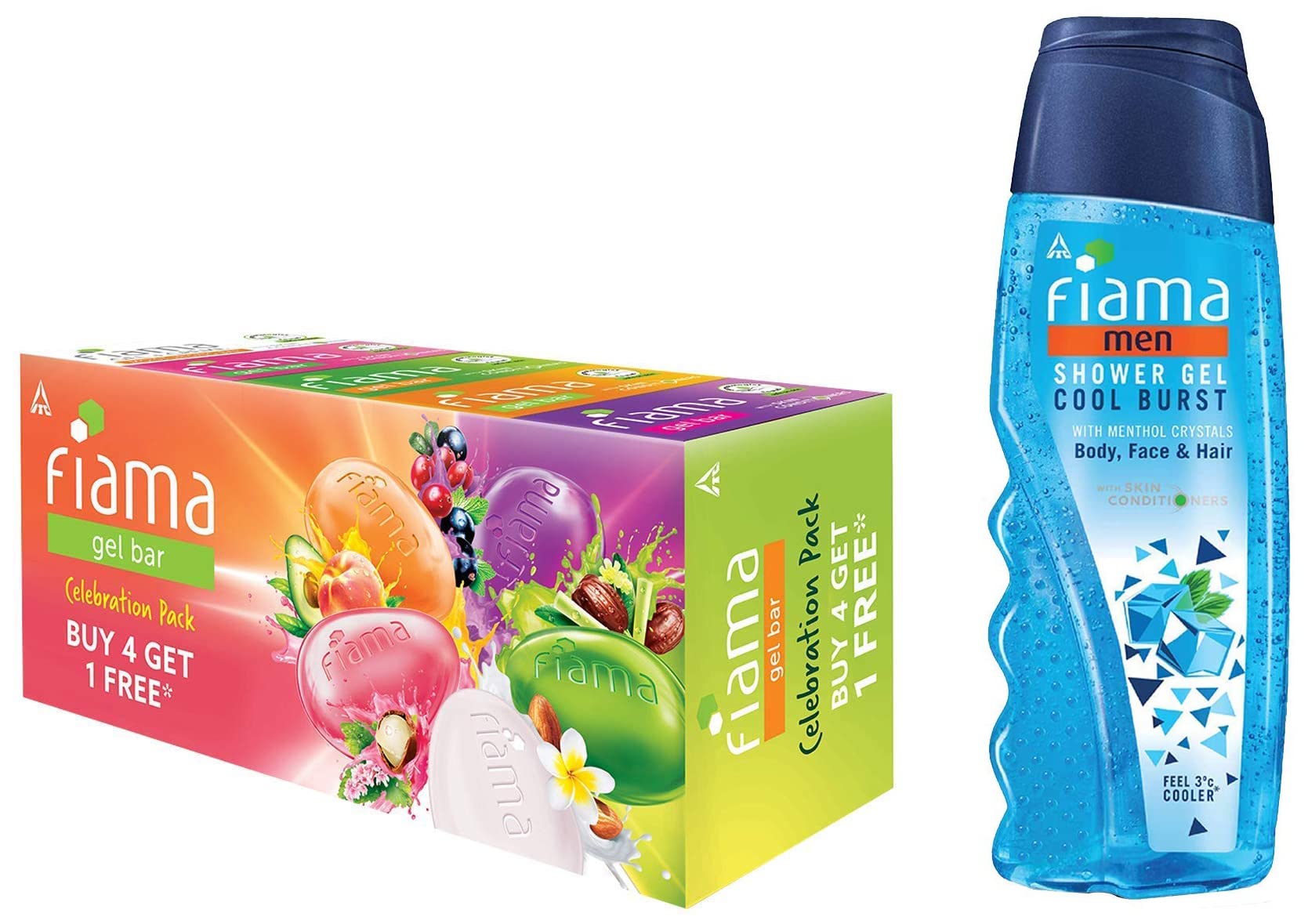 Fiama Gel Bar Celebration Pack - 125g Soap (Buy 4 Get 1 Free) & Fiama Men Shower Gel Cool Burst - 250ml Body Wash with Skin Conditioners for Moisturized Skin | Perfect for Gifts, Travel & Daily Shower Routine