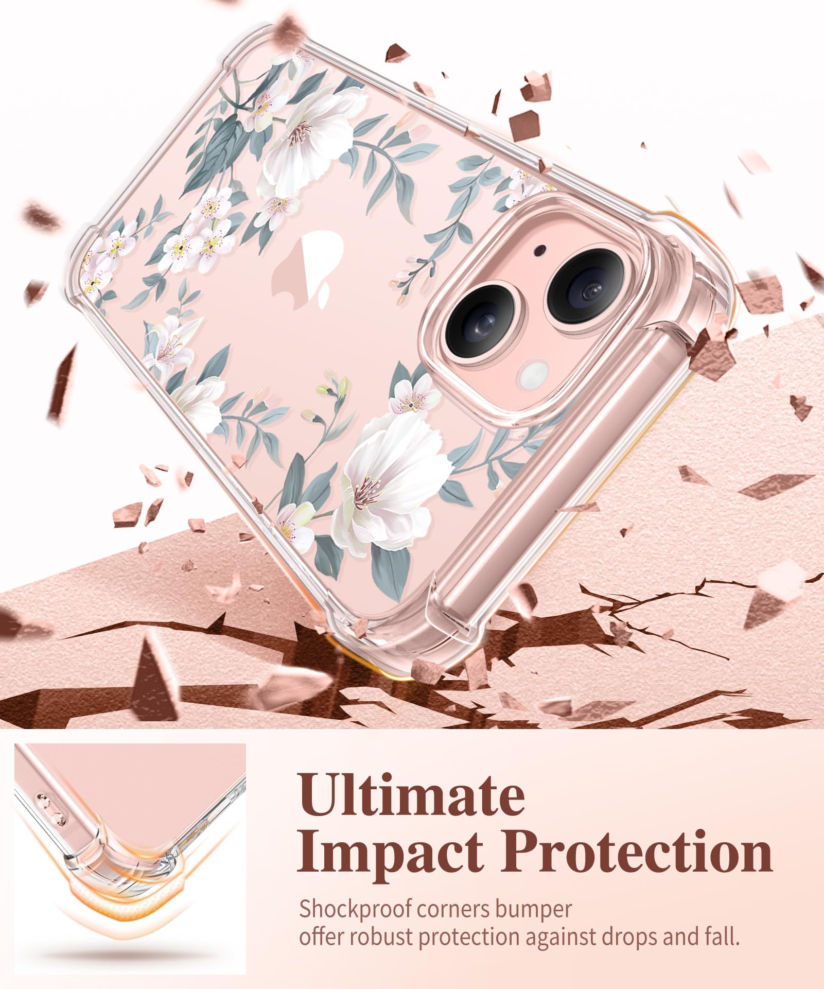GVIEWIN iPhone 15 Case [3 in 1] with Tempered Glass Screen Protector & Camera Lens Cover - Shockproof Clear Slim Floral Phone Case for Women Girls (6.1 Inch, Magnolia White) - Perfect for Everyday Use, Travel & Gift Giving