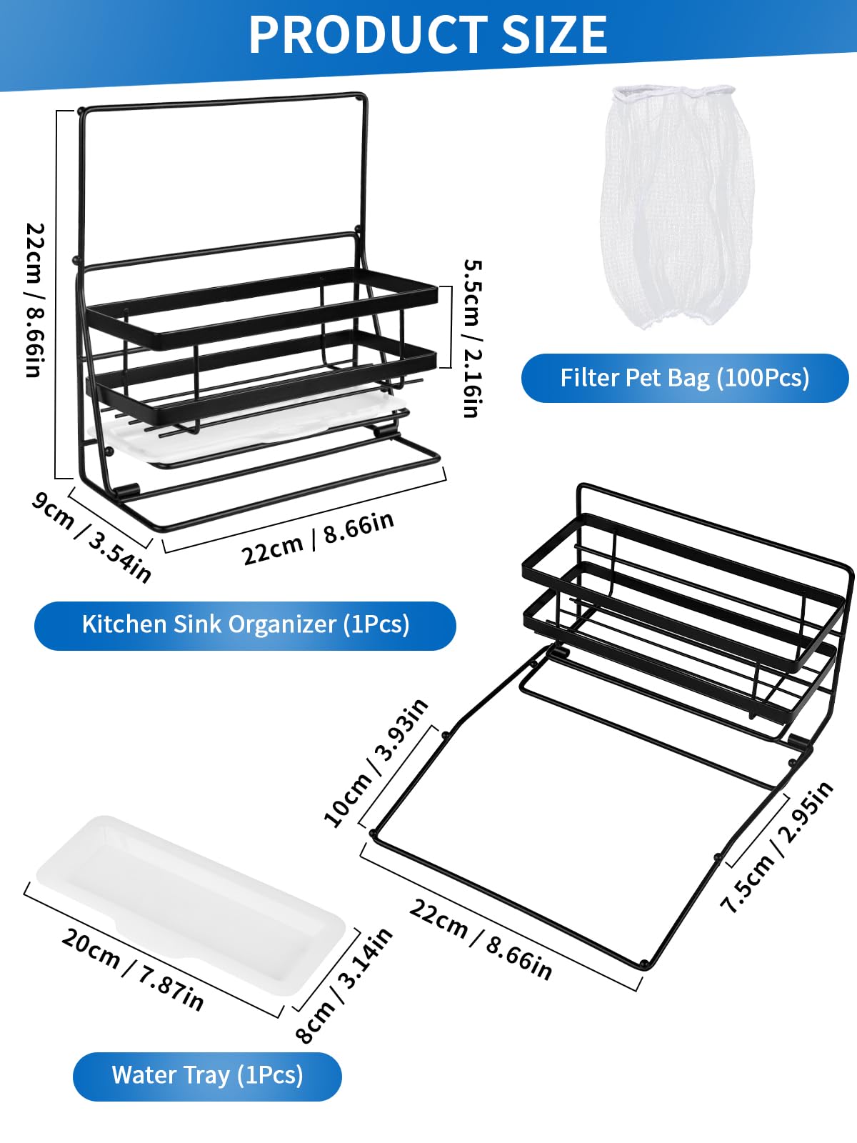 EBANKU 3-in-1 Kitchen Sink Organizer - Stainless Steel Sponge Holder, Food Waste Strainer Basket & Dish Rack with 100Pcs Net - Rustproof 304 Steel for Easy Cleaning - Perfect for Kitchen Sink Organization & Dishwashing