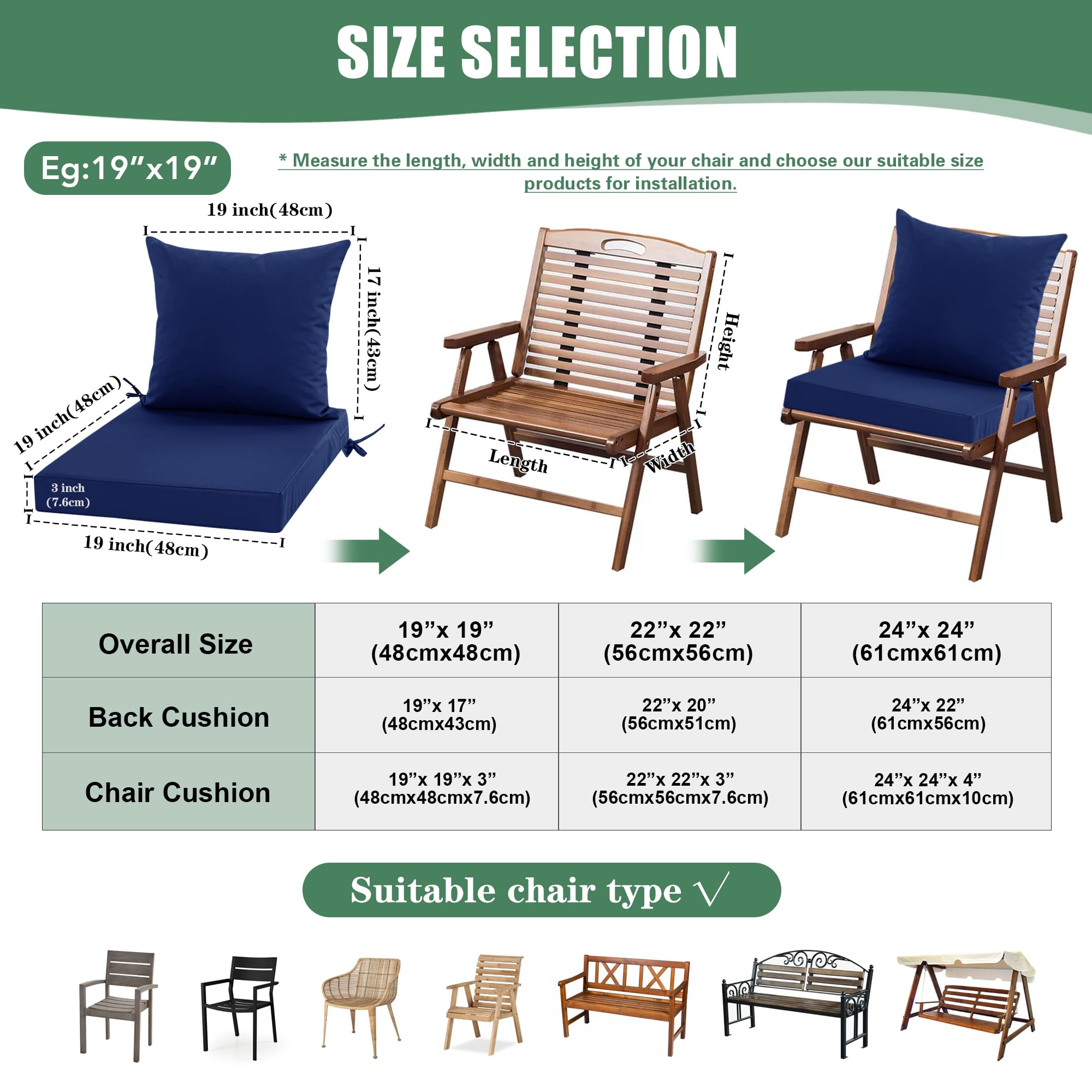 24x24 Inch Waterproof Outdoor Cushions for Patio Furniture - Double-Sided Deep Seat & Backrest Cushion Set with Removable Cover (Navy Blue, Set of 4) - Perfect for Garden, Deck, Poolside & Outdoor Lounge Chairs