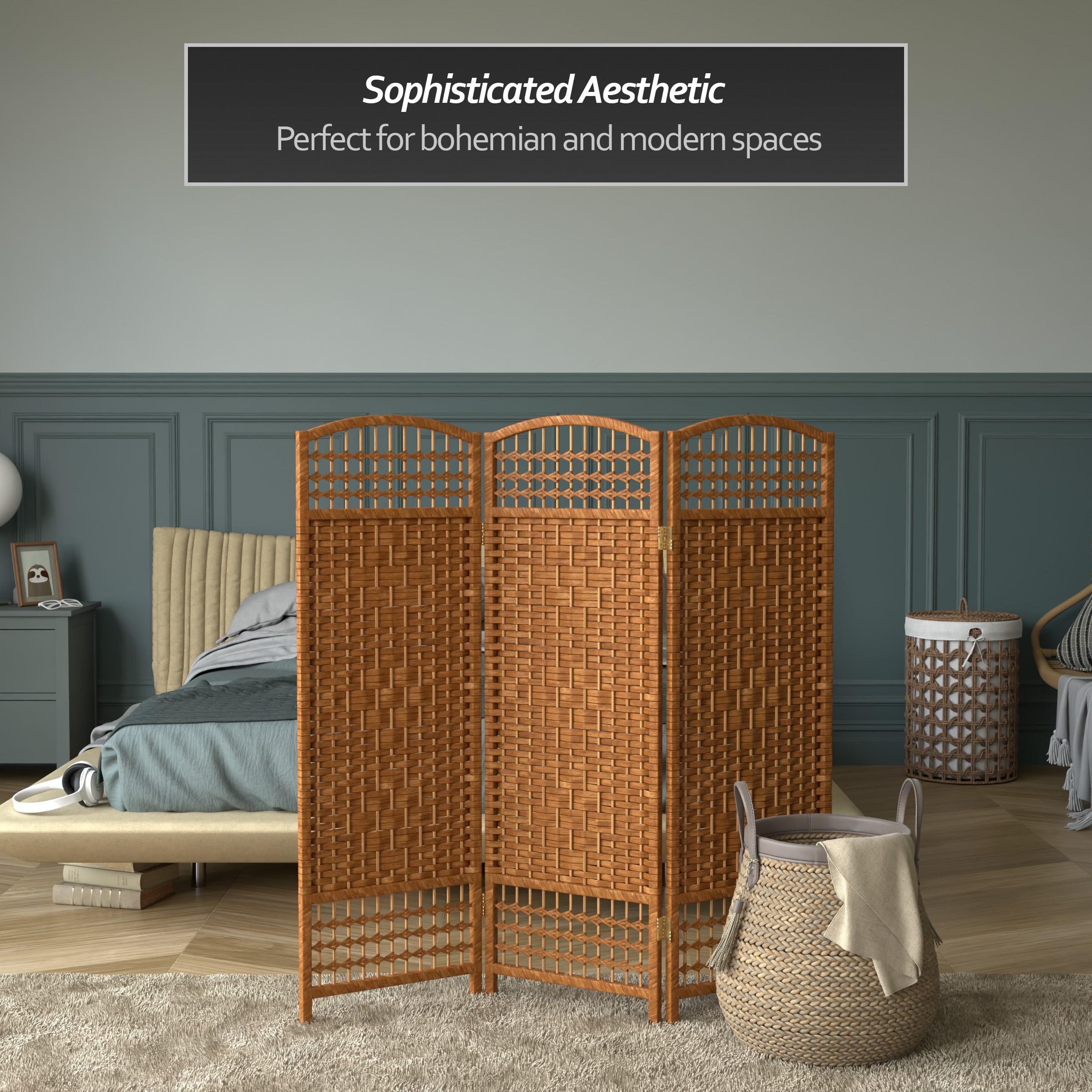 4 ft. Dark Beige Short Fiber Weave Folding Room Divider - 3 Panel Privacy Screen for Home, Office, or Event Decor - Portable Partition for Living Room, Bedroom, and Studio Spaces