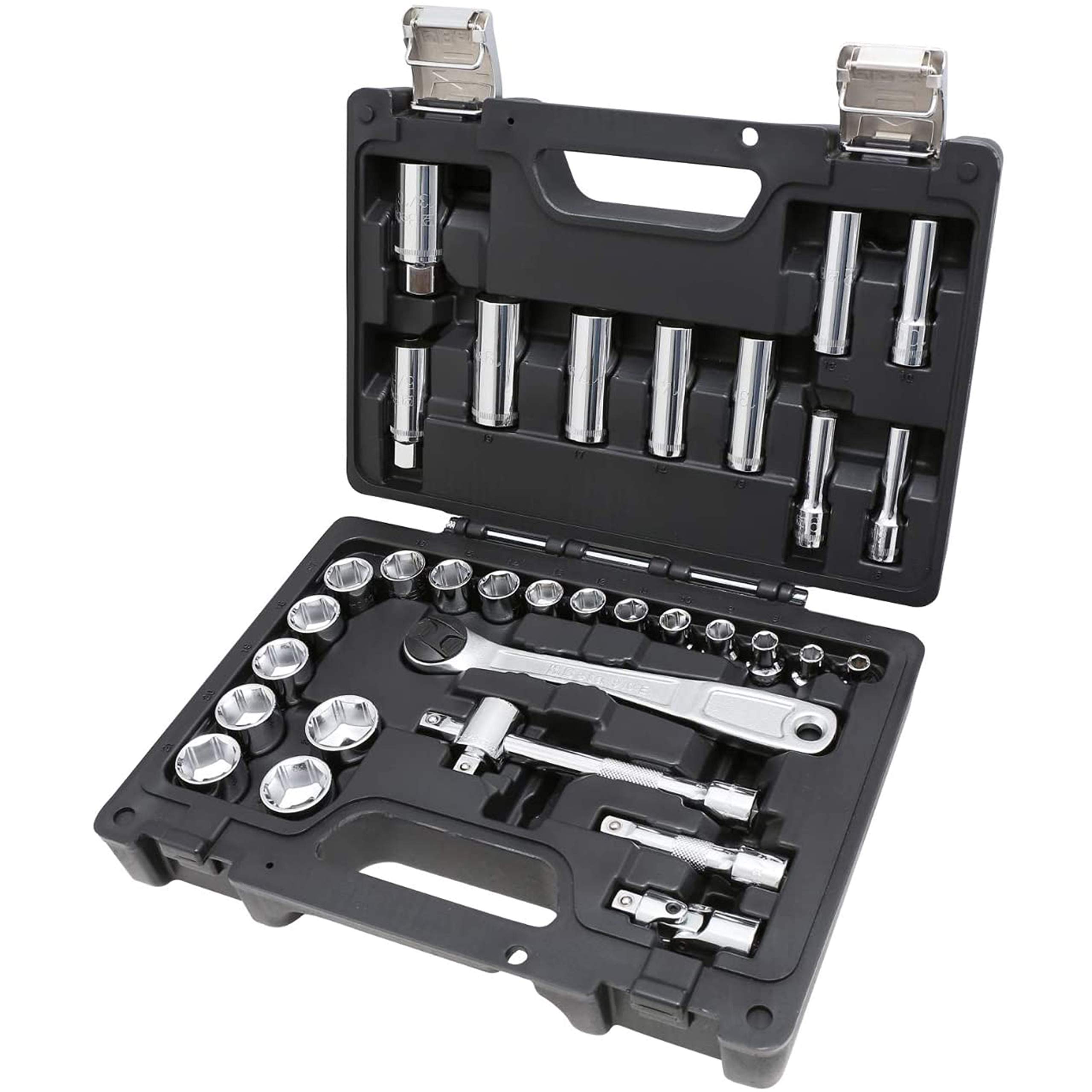 Beta BE 913E/C33 33-Piece Socket Wrench Set in Durable Plastic Case - Silver/Black Workshop Tools for Automotive Repair & DIY Projects
