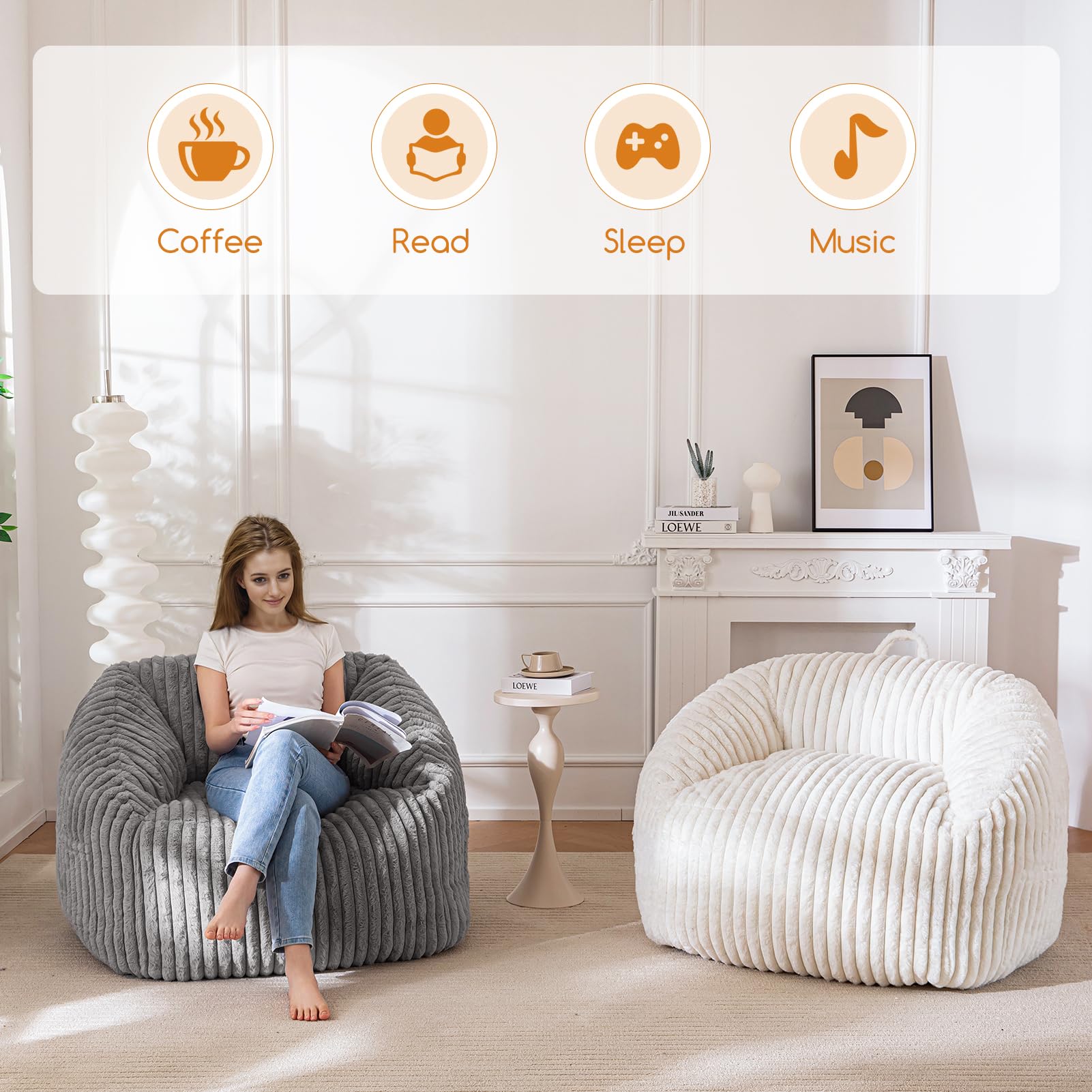MAXYOYO Bean Bag Chair with Handle & Pocket - Soft Floor Sofa for Living Room, Bedroom, Dorm - Comfortable Grey Lounge Chair for Relaxing, Reading & Gaming