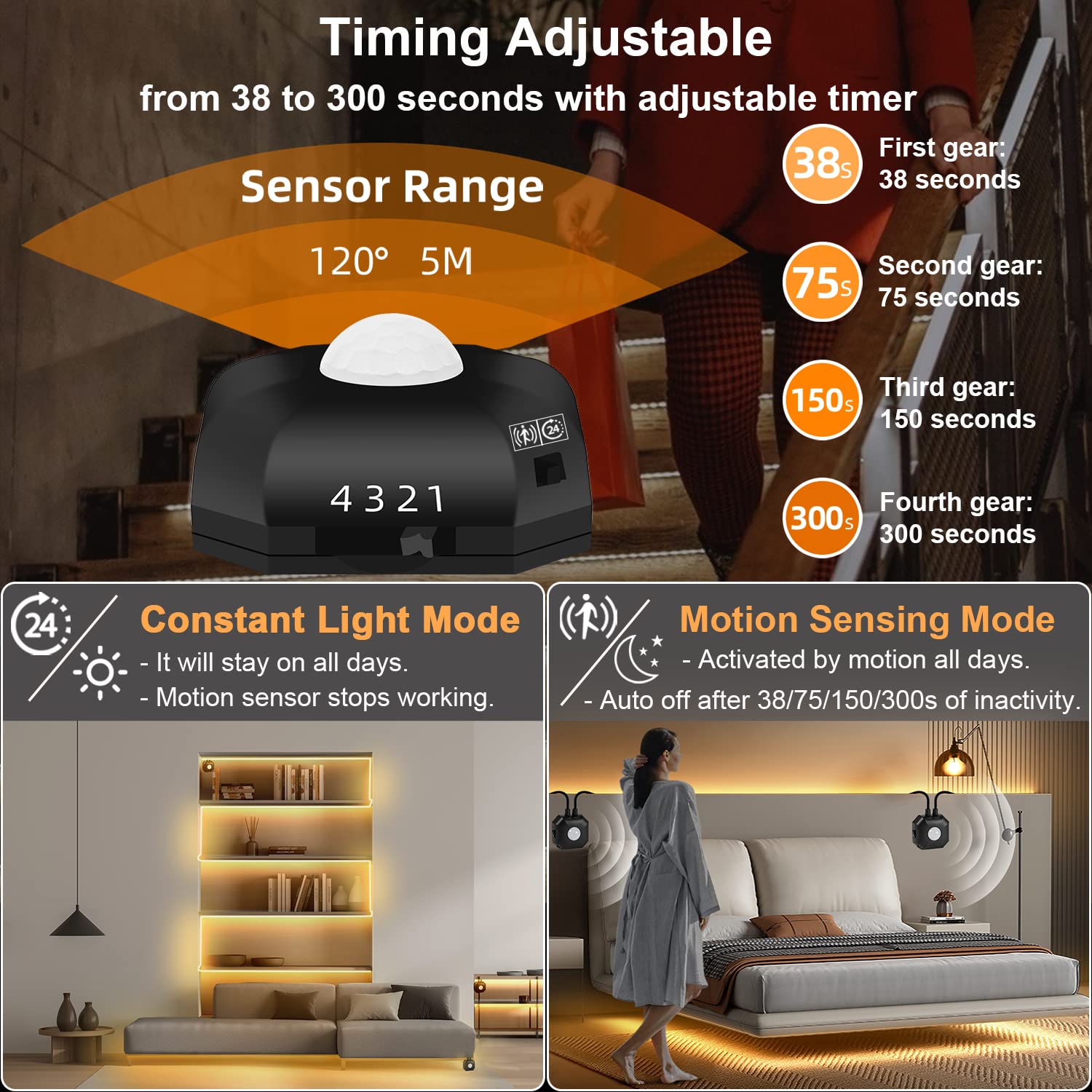 HOUHUI Motion Sensor LED Light Strip - 2 Pack 9.8Ft Smart Under Cabinet Lighting with Auto Shut-Off Timer, Warm White Bedroom Night Lights for Hallway, Stairs, Closet & Home Safety (Indoor Use)