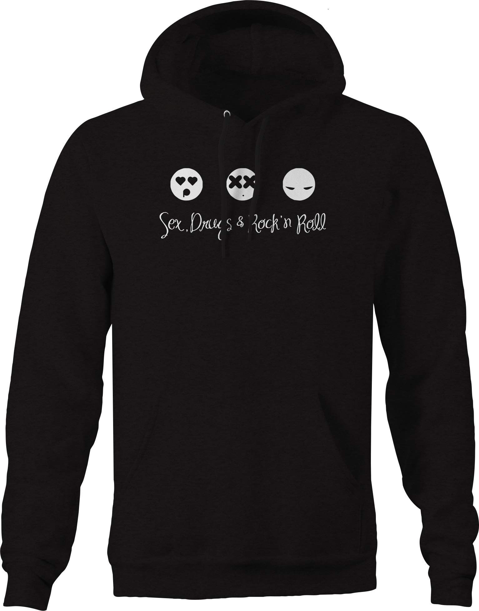 Men's Black Emoji Hoodie with Sex Drugs Rock & Roll Print - Trendy Streetwear for Casual Outfits & Music Festivals