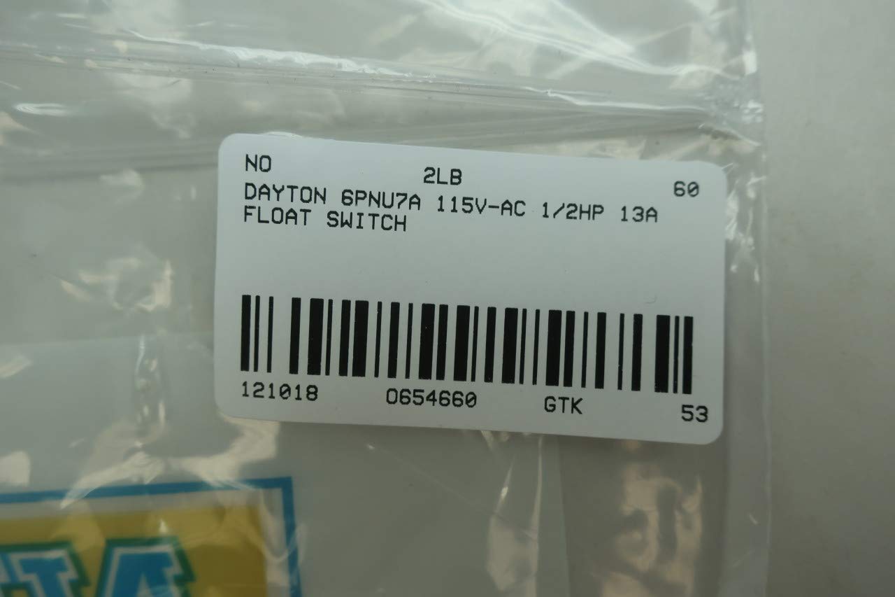 DAYTON 6PNU7A Float Switch 115V AC 1/2HP 13A D654660 - Water Level Control for Pumps, Tanks & Sump Applications