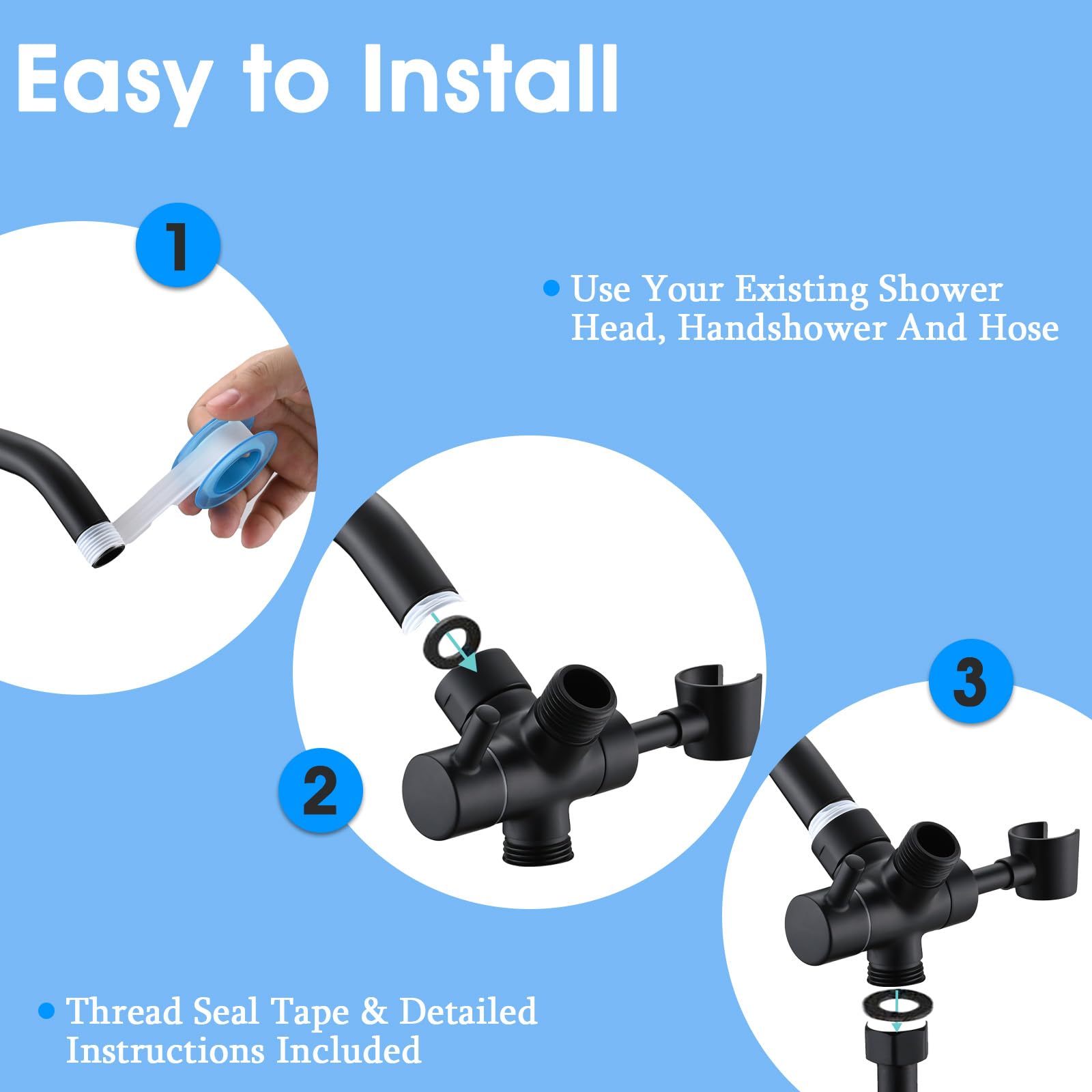 **PDPBath 3-Way Shower Arm Diverter with Handheld Holder - G1/2 Universal Brass Shower Diverter Valve for Hand Shower Hose & Extension Arm - Matte Black - Perfect for Bathroom Upgrades & Spa-Like Experience**