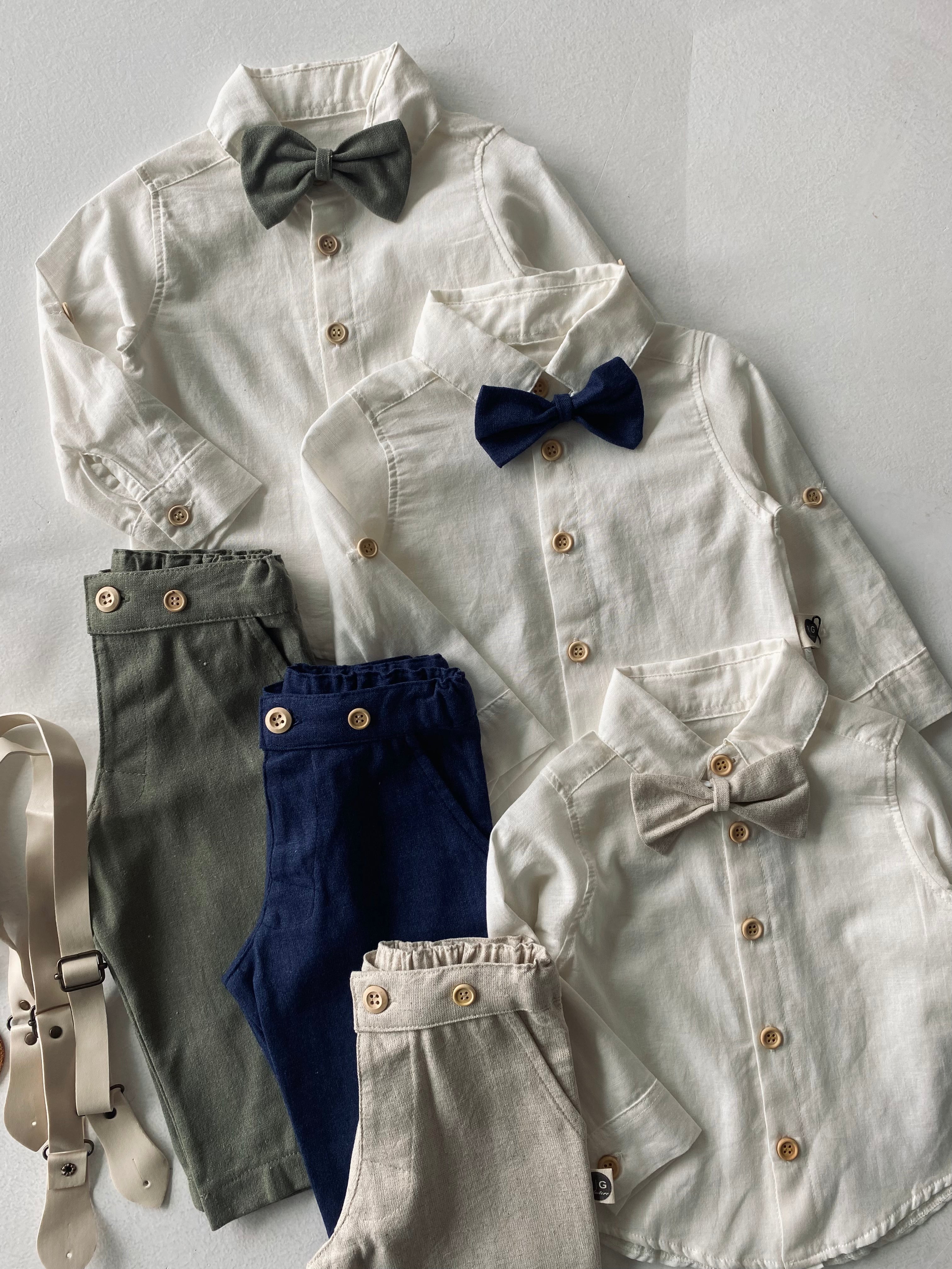 Baby Linen Shirt, Pants, Suspenders & Bowtie Romper Set - Perfect for Newborn Photoshoots, Christenings & Special Occasions