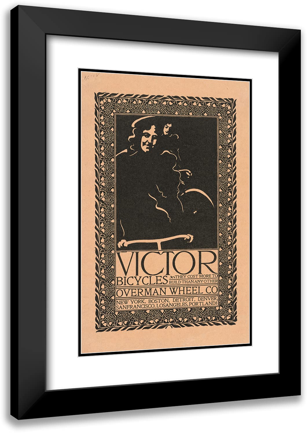 Will Bradley 13x18 Black Modern Frame with Double Matted Museum Art Print - Victor Bicycles, Overman Wheel Co. (1890-1920) | Vintage Cycling Decor for Home & Office