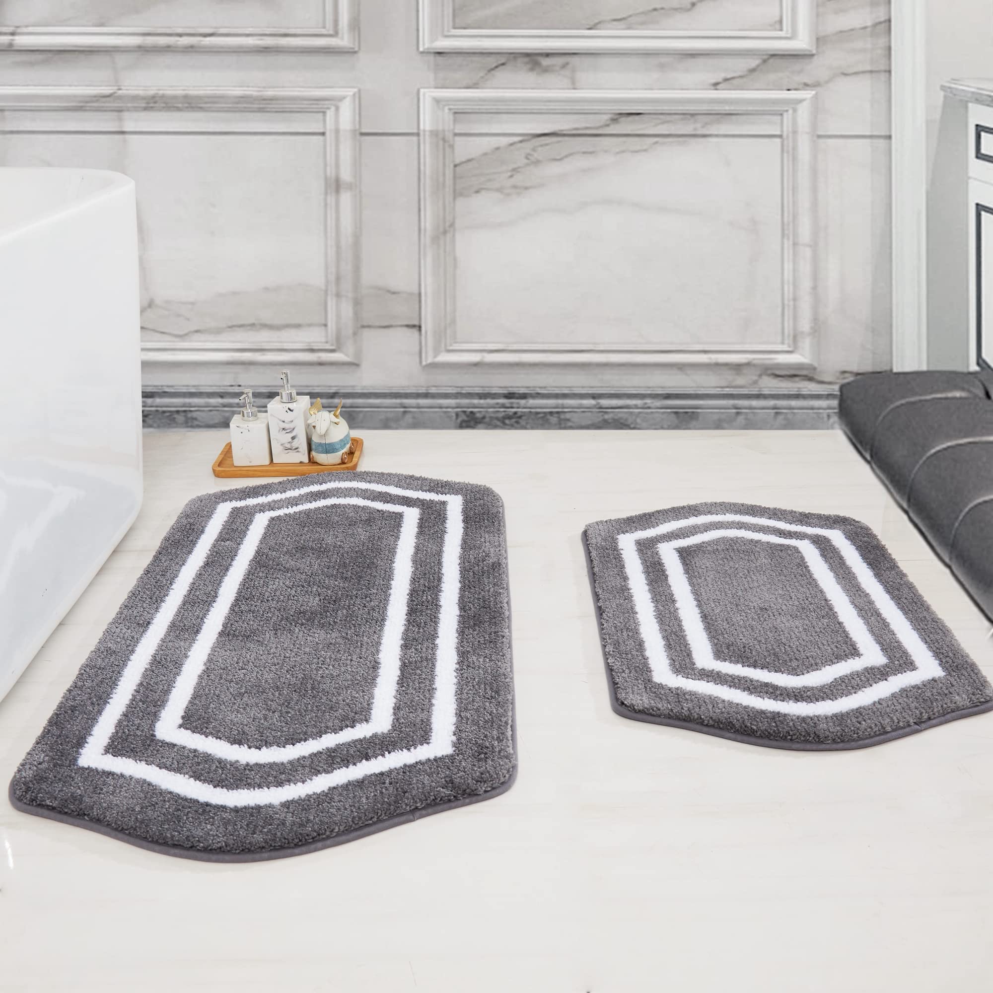 Extra Thick Non-Slip Bath Rug Set - Super Soft Plush 100% Polyester Bath Mats, Water Absorbent Bathroom Rugs for Living Room & Bathroom (Grey, 24x48+20x32 Inches) - Perfect for Cozy Home Decor, Spa-Like Bathroom Experience & Wet Area Safety