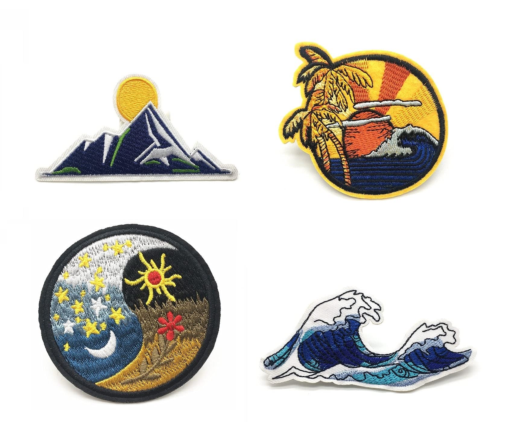 4Pcs Premium Embroidered Iron-On Patches - Sunset, Beach, Ocean & Mountain Designs for Clothing Repair, DIY Denim & Jacket Customization - Perfect for DIY Crafts, Backpacks & Gifts