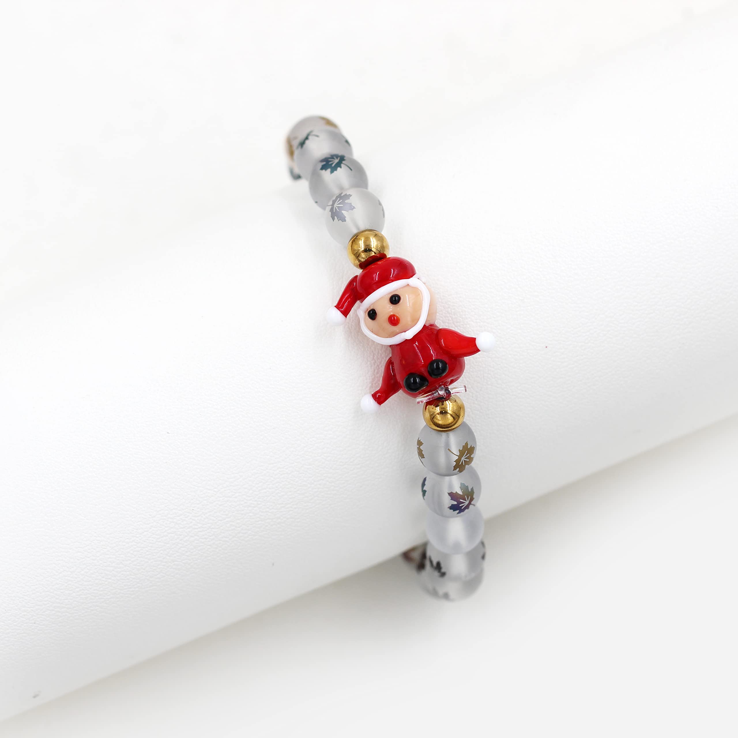Personalized Name Custom Letter Bead Bracelet - Matte Maple & Lampwork Glass Beads - Christmas Gift for Her - Santa Claus Design - Perfect for Holiday Parties & Stocking Stuffers