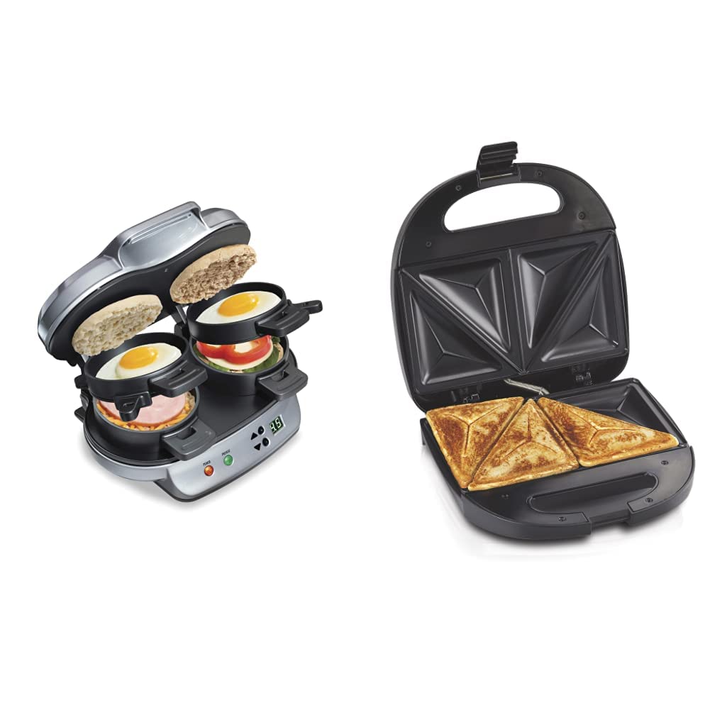 Hamilton Beach Dual Breakfast Sandwich Maker with Timer - Silver (25490A) & Electric Sandwich Maker and Toaster for Omelets, Grilled Cheese - 4 Inch, Compact & Easy to Store - Black (25430) - Perfect for Quick Breakfasts, Snacks, and Family Meals
