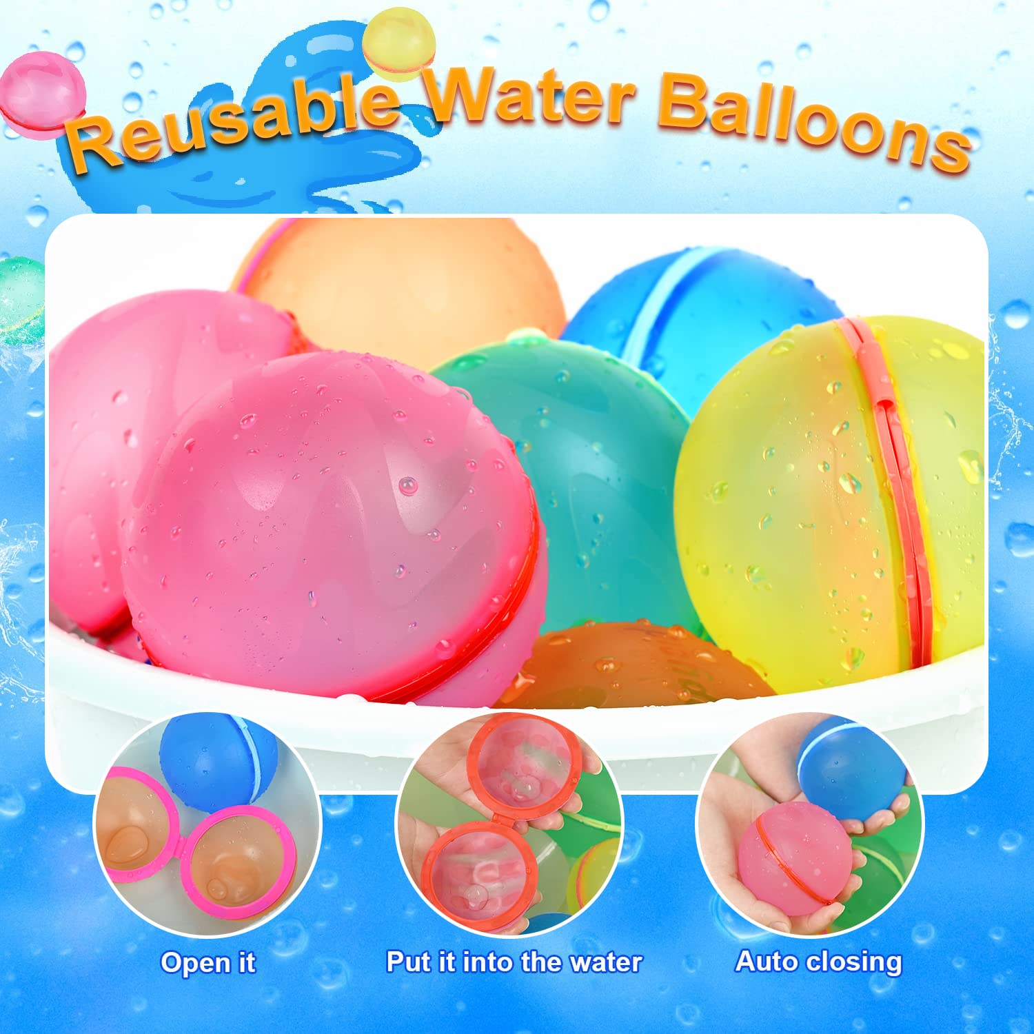 98K Reusable Water Balloons 6Pcs with Mesh Bag - Self-Sealing Silicone Balloons Latex-Free, Easy Fill & No Cleanup - Perfect for Summer Water Fights, Pool Parties, Beach Games, Backyard Fun and Outdoor Activities