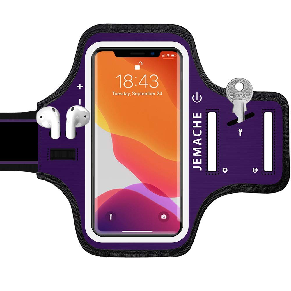 JEMACHE iPhone 16 15 Pro Armband - Running & Gym Workout Armband with AirPods Holder for iPhone 16/15/14/13/12 Pro - Perfect for Jogging, Fitness Training & Outdoor Activities (Purple)