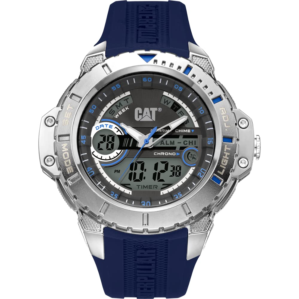 CAT Men's Anadigit Quartz Watch - Stainless Steel & Rubber Casual Blue Watch for Men - Water Resistant Digital Wristwatch - Perfect for Outdoor Adventures, Work & Everyday Wear (Model: MA14526136)