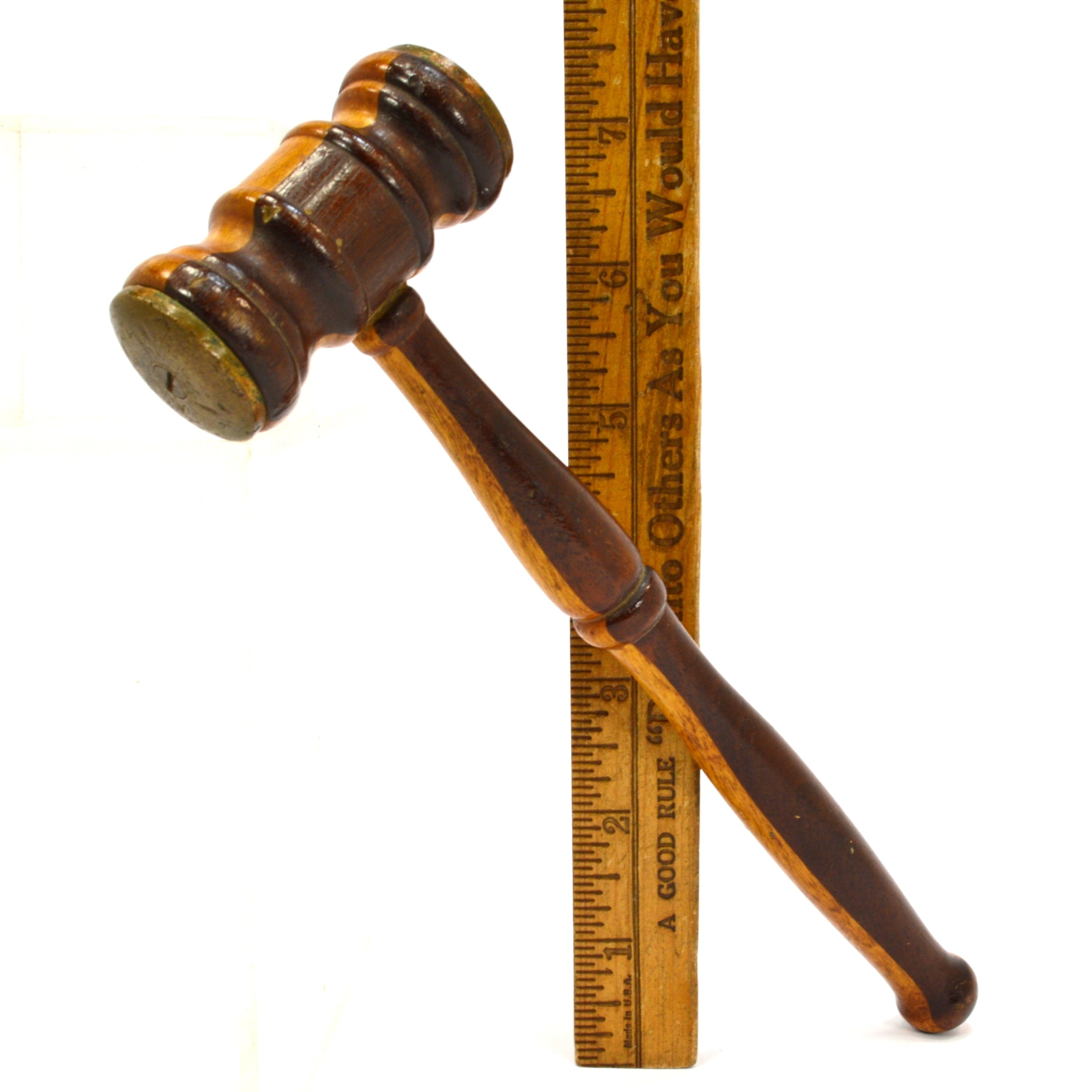 Antique 2-Tone Turned Hardwood Gavel - Mahogany & Oak with Brass Face Plates | Beautiful Courtroom & Auction Hammer for Judges, Collectors & Legal Professionals