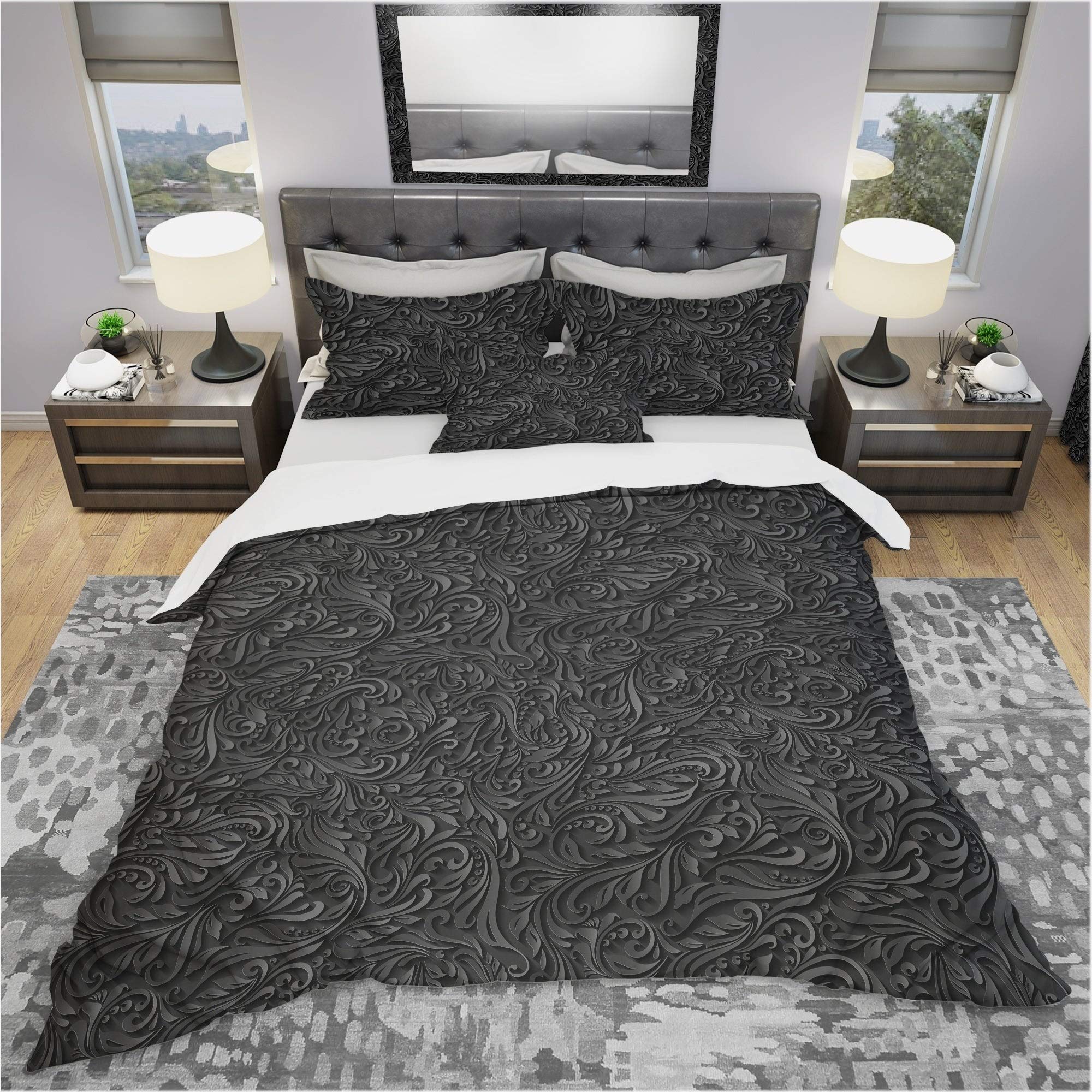 DESIGN ART '3D Leaves in Shades of Black' Modern Bedding Set - King Size Duvet Cover & 2 Shams, Contemporary Home Decor for Master Bedroom or Guest Room (Comforter Not Included)