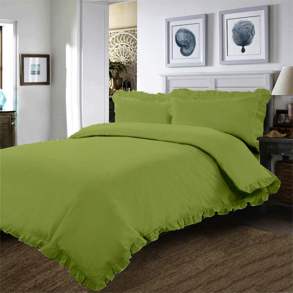 Luxury 100% Cotton Duvet Cover Set with Frilled Corner Ruffles & Pillow Shams - 800 Thread Count King/Cal King Size - Soft Moss Green Bedding for Master Bedroom & Guest Room Decor