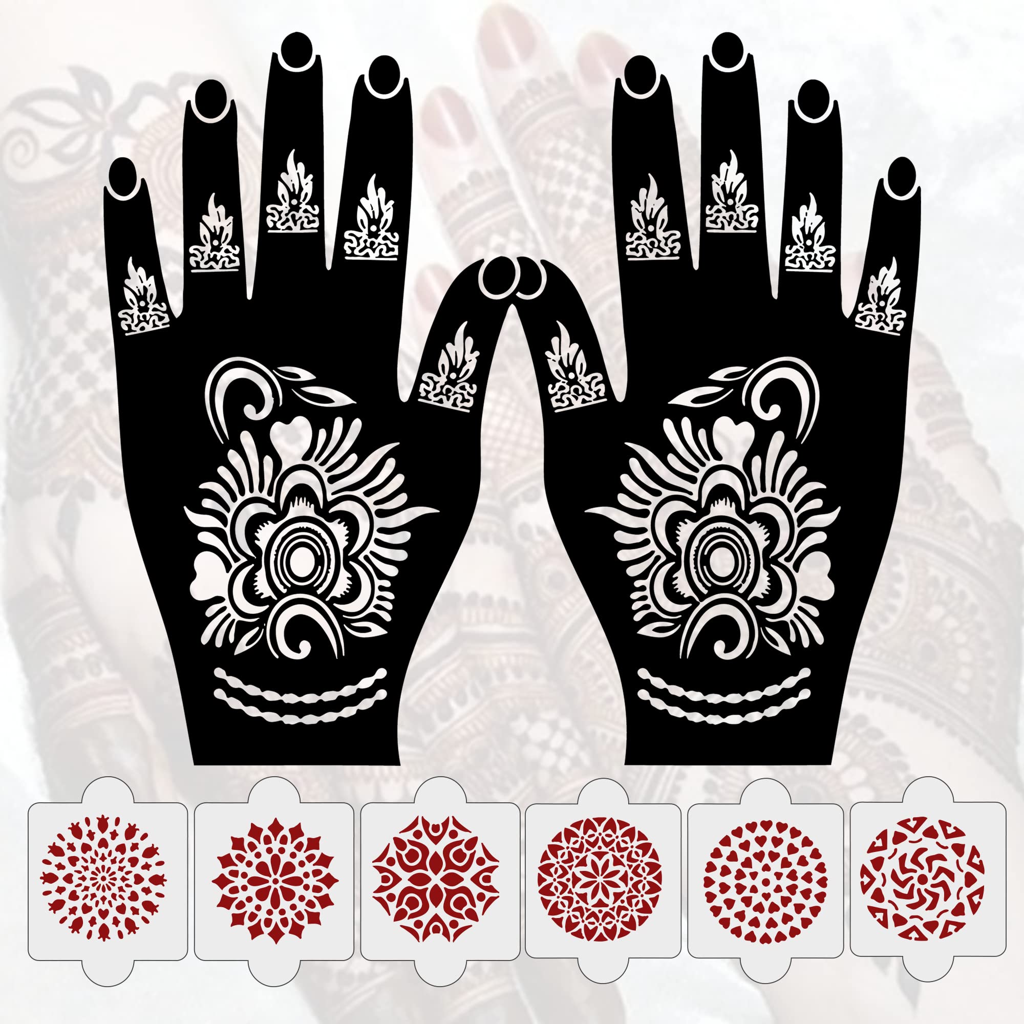 8 Pcs Henna Tattoo Stencil Kit - 2 Henna Stencil Tattoos & 6 Reusable PVC Laser Cut Stencils for Women, Girls & Kids | Easy to Apply Mehndi Stickers for Full Hand Designs | Perfect for Weddings, Festivals & DIY Body Art