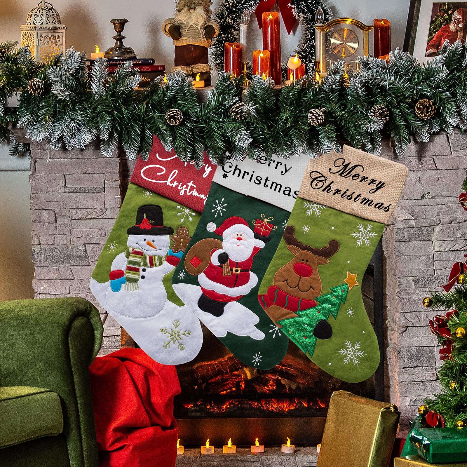 Personalized Christmas Stockings for Kids - Custom Name Santa Candy Stocking Bag (20 Inch) - 1, 2, 3, 4, or 5 Pack - Snowman & Deer Holiday Decor - Perfect for Fireplace Mantel, Tree Decorations & Christmas Gift Giving