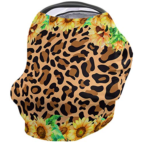 Breastfeeding Cover & Car Seat Canopy for Baby Girls & Boys - Soft Stretchy Nursing Scarf with Sunflower Leopard Pattern - Perfect for Strollers, Shopping & Outdoor Nursing