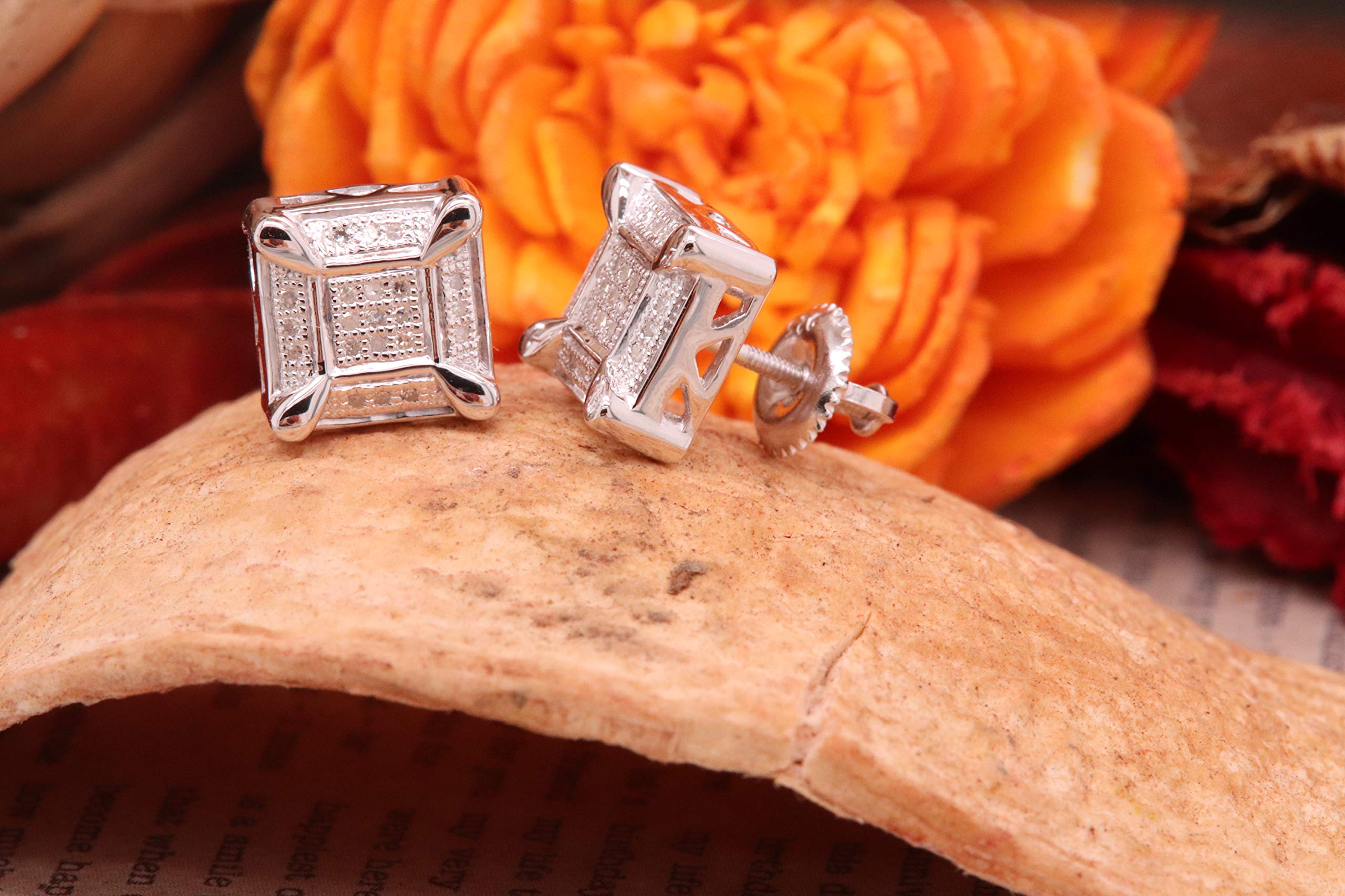 Dazzlingrock Sterling Silver Men's Round Diamond Stud Earrings - 1/8 CTW Square Cluster Design for Gifts, Weddings & Special Occasions
