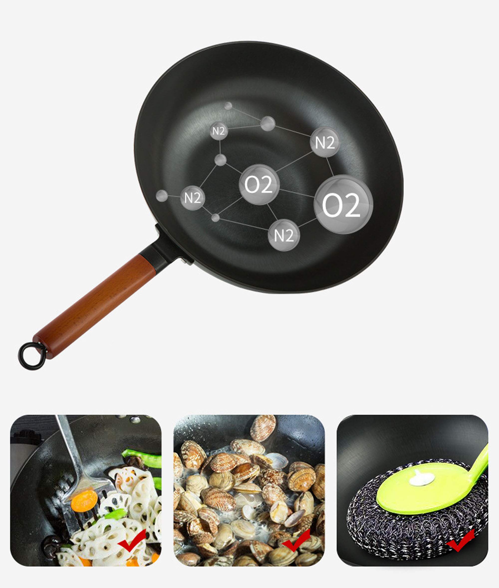 FixtureDisplays 12.6 Inch Lightweight Cast Iron Wok Pan with Wooden Handle - 3.5 lbs Flat Bottom Stir Fry Pan for High Heat Cooking, Searing, Sauteing - Perfect for Home Kitchen, Outdoor Camping & Asian Cuisine