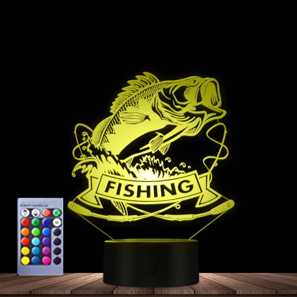 3D Illusion Fishing Fish Night Light - 16 Color Changing LED Table Lamp with USB Cable, Acrylic Flat ABS Base - Perfect for Bedroom, Kids Room, Office Desk Decor & Unique Gift Idea