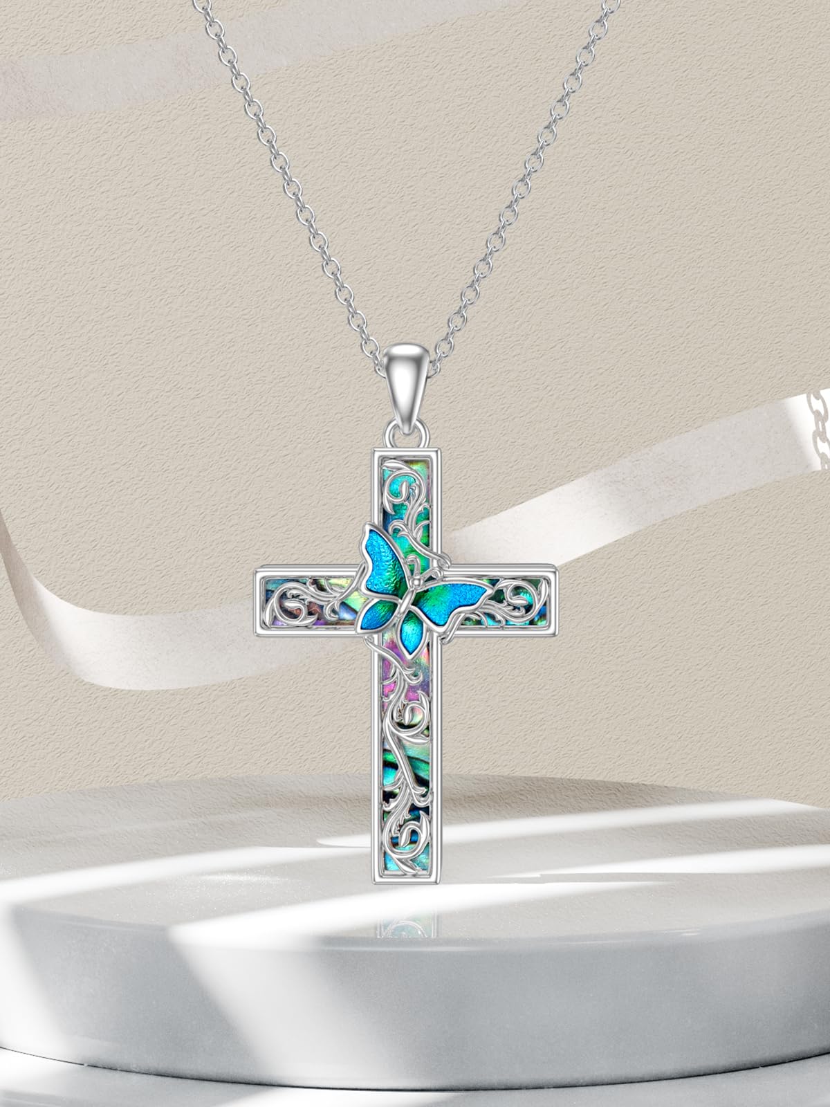 WINNICACA Sterling Silver Cross Necklace with Abalone Shell - Butterfly, Dragonfly, or Ladybug Pendant - Elegant Jewelry Gift for Women & Girls (Birthday, Anniversary, Christmas) - Perfect for Everyday Wear, Special Occasions & Gift Giving