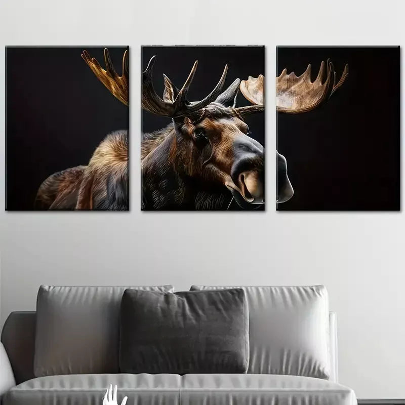 3-Piece Retro Simple Elk Animal Dark Black Wall Art Set - Framed Canvas 40x60cm (16x24in) | High Quality Print | 100% Australian Made | Ready to Hang | Perfect for Living Room, Bedroom & Office Decor