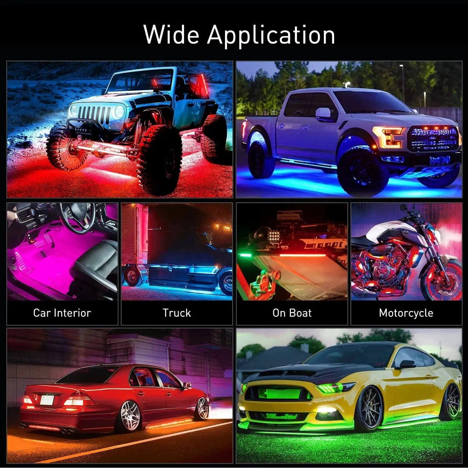 300 LEDs RGB Underglow Neon APP Remote Control LED Strip Lights (6 Pack) - Perfect for Car Interior, Bedroom, Party, and Home Decoration