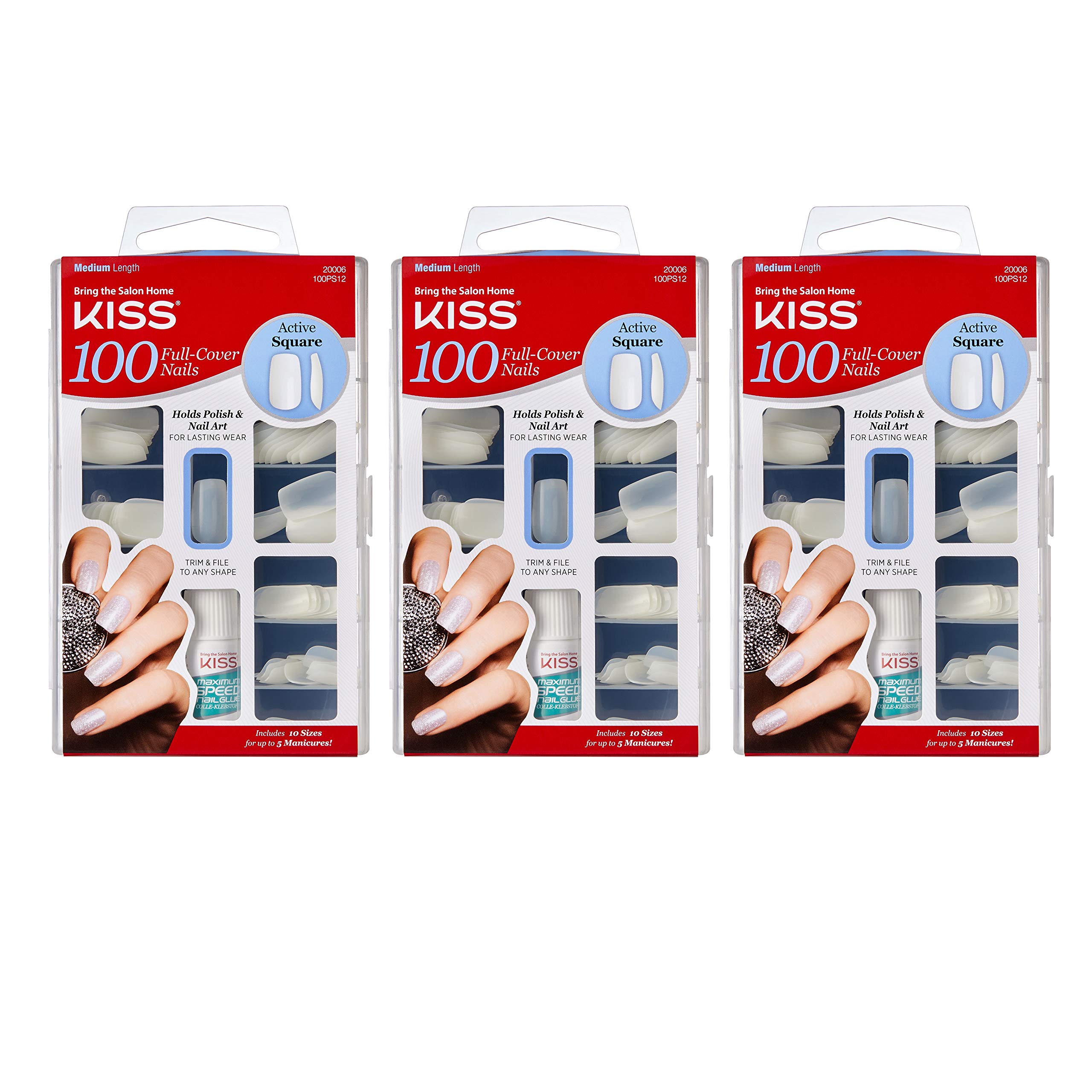 Kiss 100 Full Cover Press on Nails - Square Shape Fake Nails - 3 Pack - Easy to Apply & Reusable - Perfect for Parties, Weddings, and Daily Wear