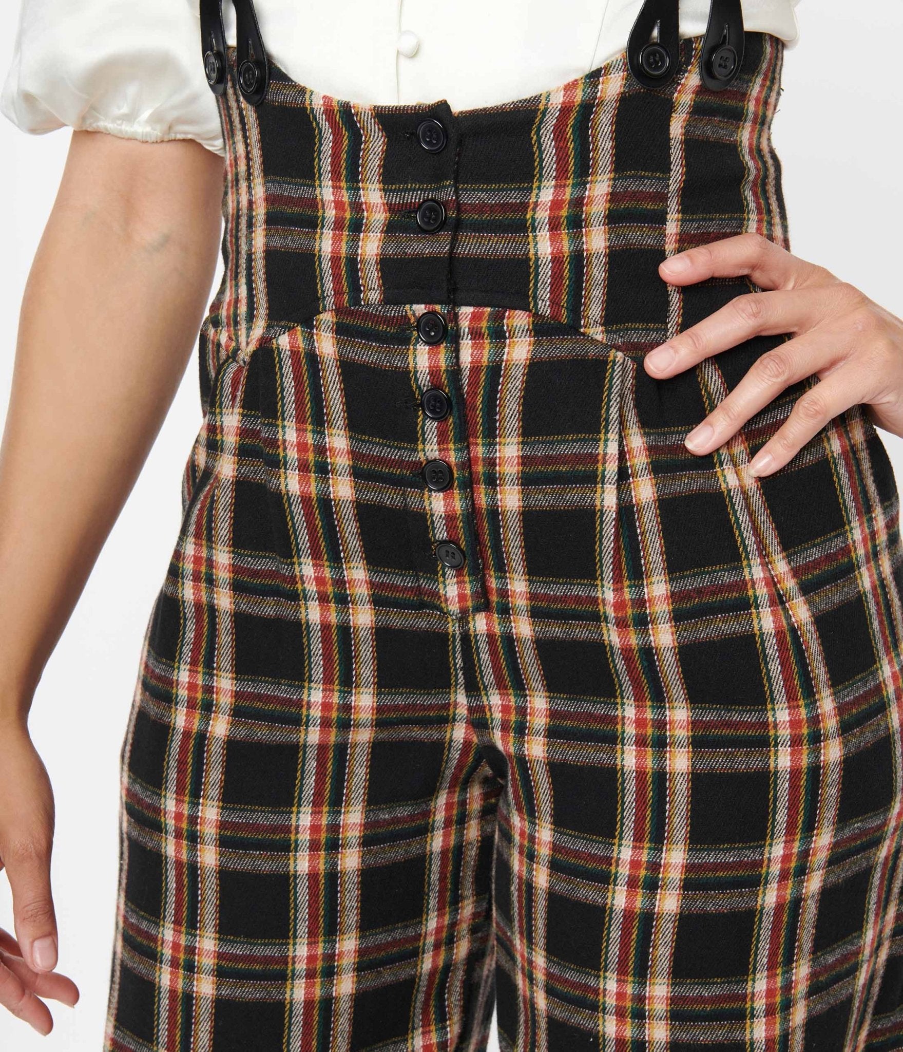 Vintage 1930s Thelma High Waist Suspender Pants - Black & Auburn Plaid Pattern for Women | Retro Fashion, Cosplay, Steampunk Outfits & Historical Reenactment