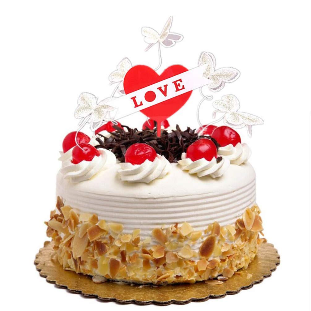 Amosfun 6Pcs Valentine's Day Cake Toppers Set - Acrylic Love Heart Cake Decorations with Butterfly Picks for Romantic Desserts | Perfect for Wedding, Anniversary & Birthday Party Decor