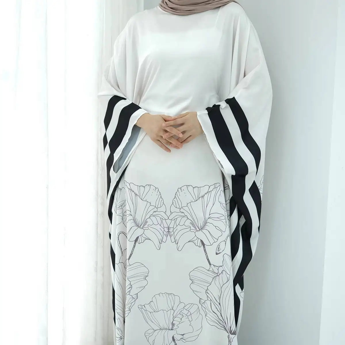 Elegant Satin Abaya Dress with Butterfly Sleeves - Floral Printed Islamic Prayer Dress in Maroon, Green, Pink & White - Perfect for Eid, Ramadan & Special Occasions