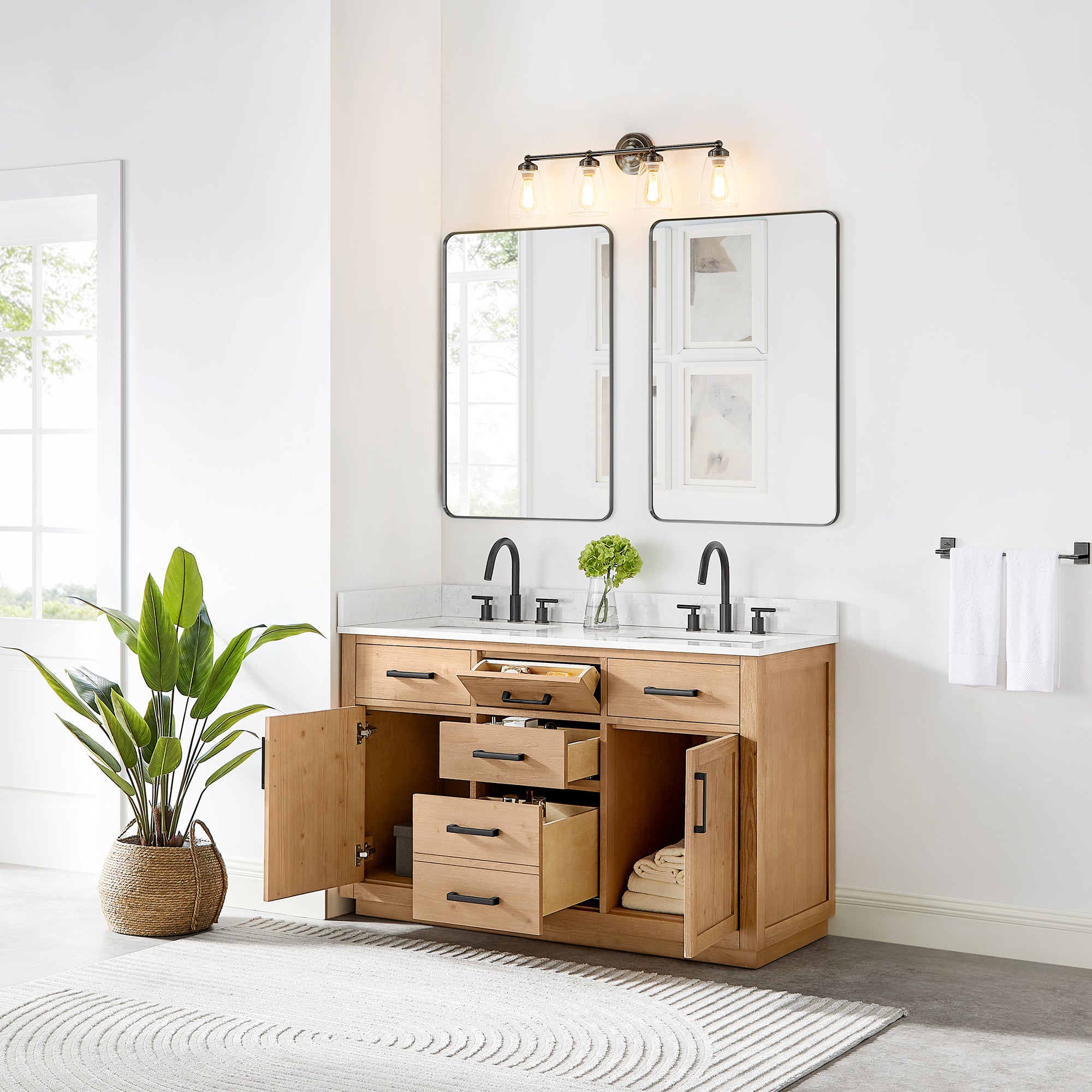 Gavino 54 Inch Double Sink Bathroom Vanity with White Engineered Stone Countertop - Modern Farmhouse Style for Master Bath & Guest Bathroom Remodel