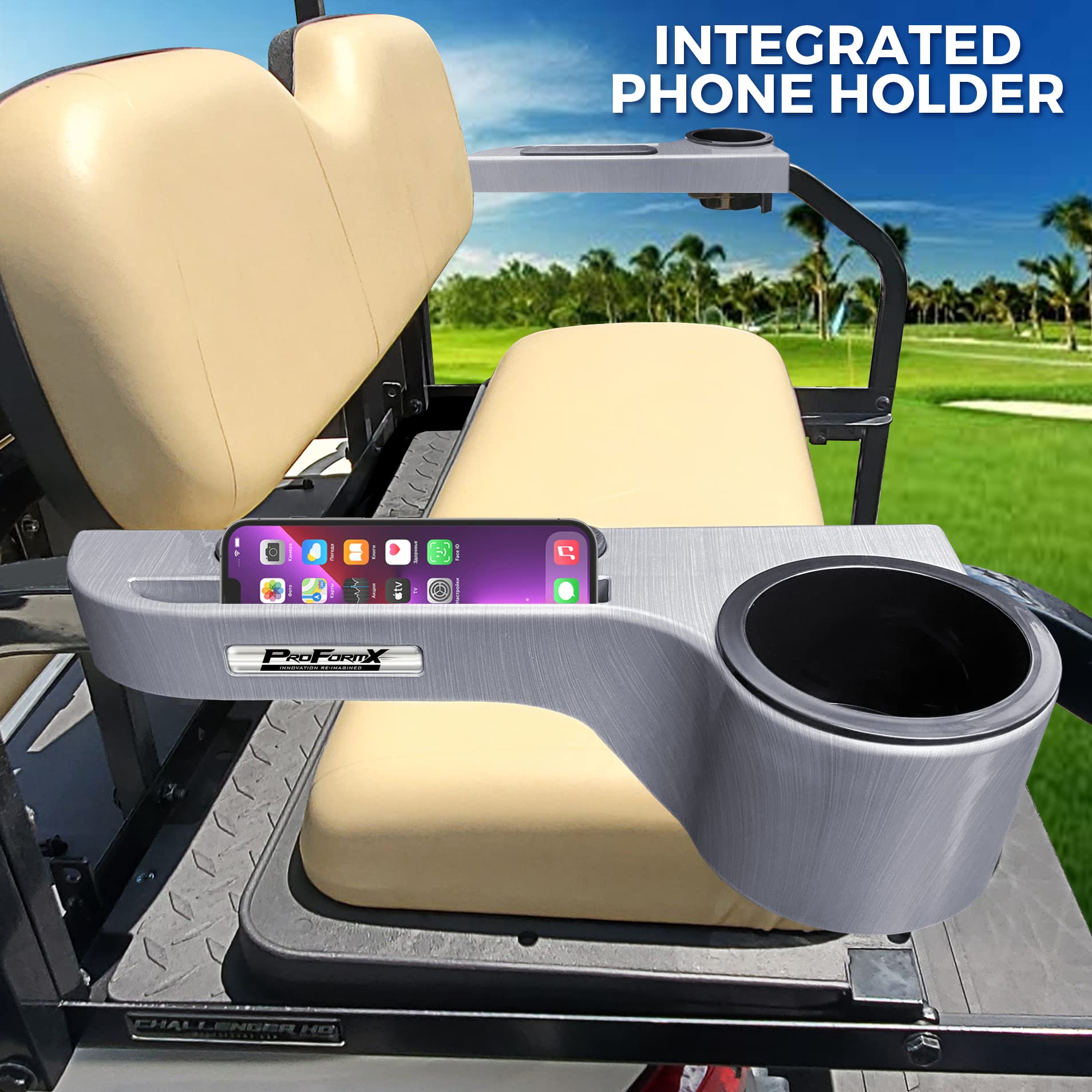 Premium Titanium Golf Cart Armrest with Cup Holder & Phone Mount – Universal Fit for Club Car, Yamaha, EZGO – Durable Plastic Golf Cart Accessories for Comfort & Convenience on the Course