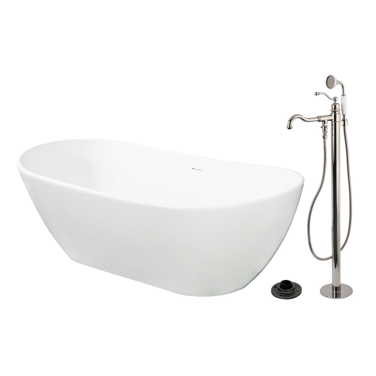Arcticstone 72 Inch Freestanding Oval Bathtub - Solid Surface Double Ended Soaking Tub with Polished Nickel Faucet Combo & Drain | Modern Bathroom Luxury for Spa-Like Relaxation at Home