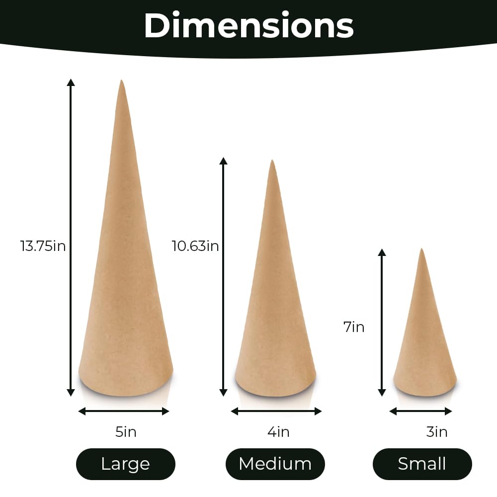 12 Pack Paper Mache Craft Cones - Open Bottom Cardboard Cones for DIY Gnomes, Ornaments, Christmas Trees - Fall, Halloween & Holiday Decorations - 3 Sizes (13.75x5, 10.63x4, 7x3 inches) - Perfect for Home Decor, Party Crafts & Seasonal DIY Projects