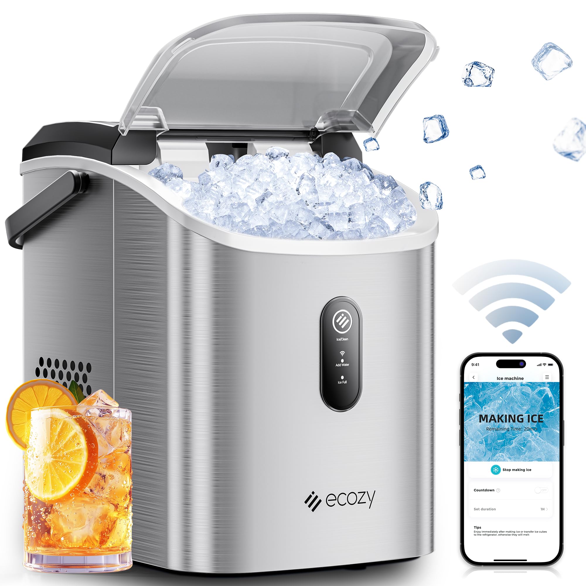 Ecozy Smart Nugget Ice Maker Countertop - Portable Pebble Ice Machine with Voice Control & WiFi App, 33lbs/24H Soft Chewable Ice, Self-Cleaning Pellet Ice Maker, Stainless Steel - Perfect for Kitchen, Home Bar, Office, and Party Use