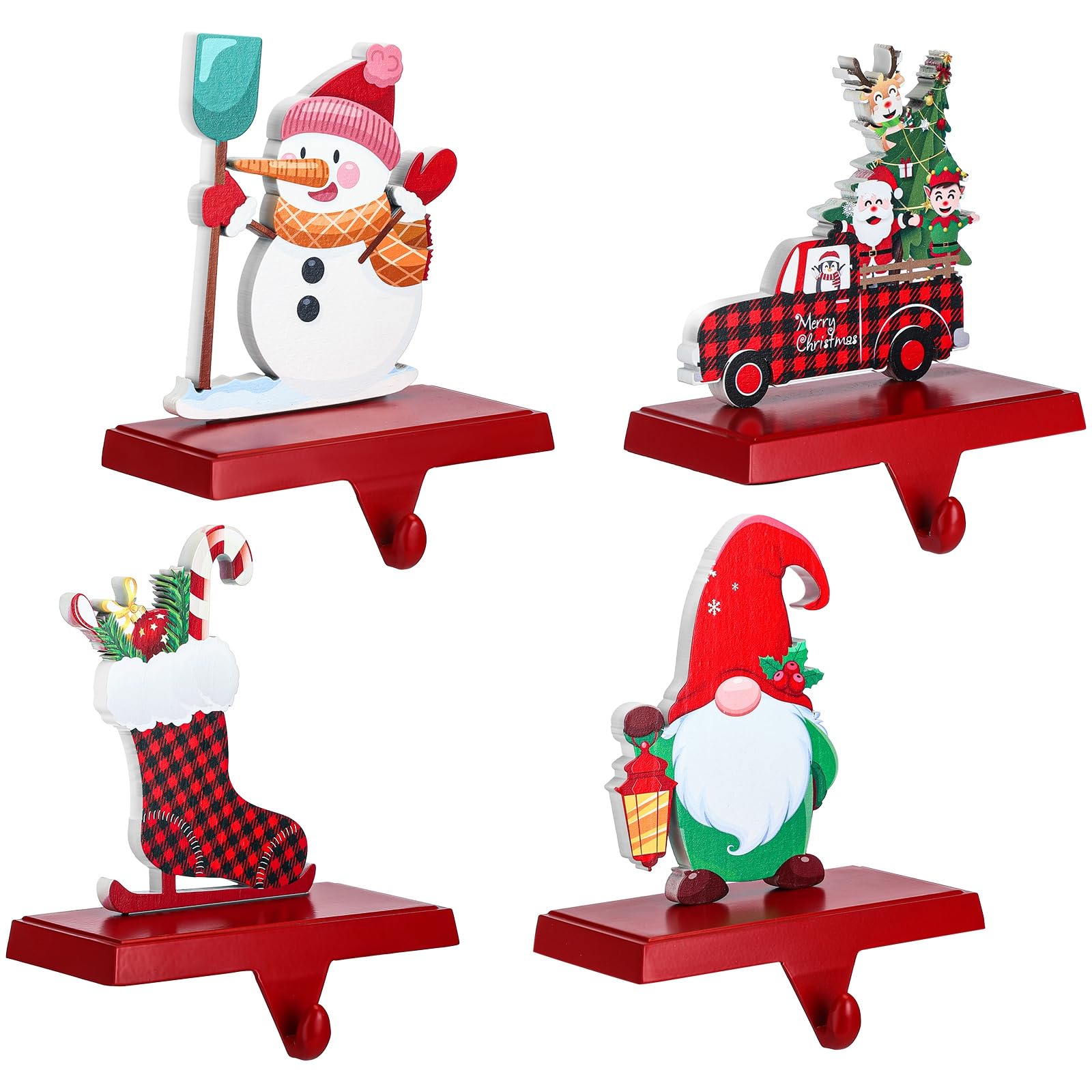 Barydat Set of 4 Metal Christmas Stocking Holders - Snowman, Truck, Ice Skate & Gnome Wood Sign Fireplace Mantel Hangers - Holiday Decor for Christmas Party, Home & Gift Giving - Perfect for Fireplace Mantel, Living Room & Festive Gatherings