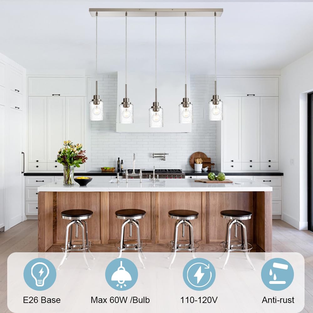Modern Brushed Nickel Linear Chandelier - 5-Light Farmhouse Pendant Lighting with Clear Seeded Glass for Dining Room, Kitchen Island & Living Room | Contemporary Ceiling Light Fixture for Home Decor