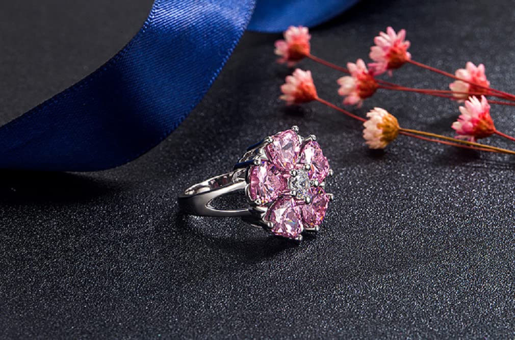 925 Sterling Silver Flower Cluster Ring for Women - Pink Heart Cubic Zirconia Promise Ring, Halo Engagement Wedding Band, Eternity Ring Size 6 | Perfect for Valentine's Day, Anniversary Gift & Romantic Occasions