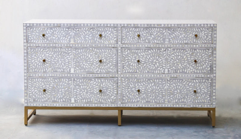 Handmade Bone Inlay Grey Scroll Vine 6-Drawer Chest - Indian Furniture for Bedroom, Living Room & Office Storage